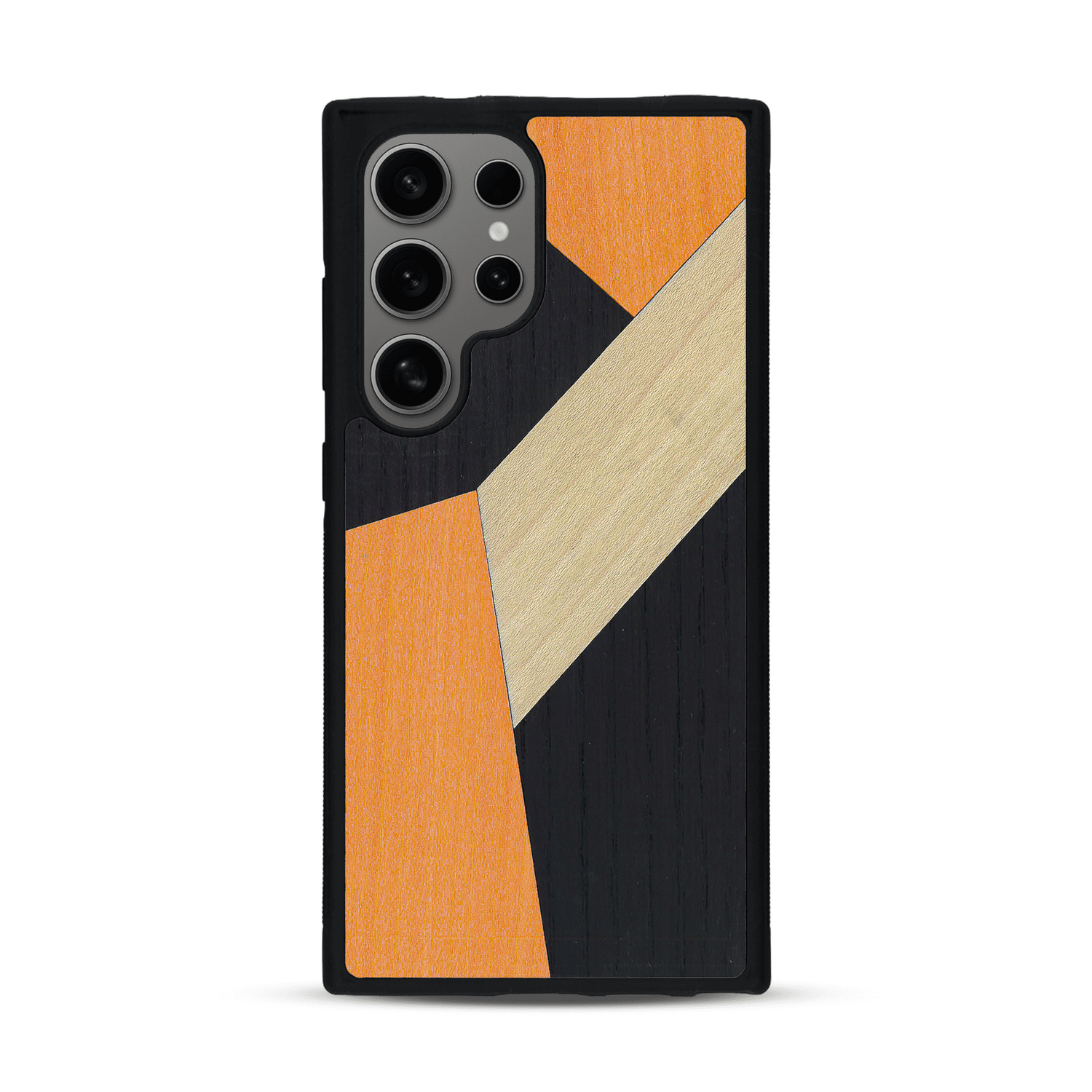 Coque de protection en bois véritable fabriquée en France pour  alliant du bambou, du tulipier orange et noir en forme de mosaïque minimaliste sur le thème de l'art abstrait