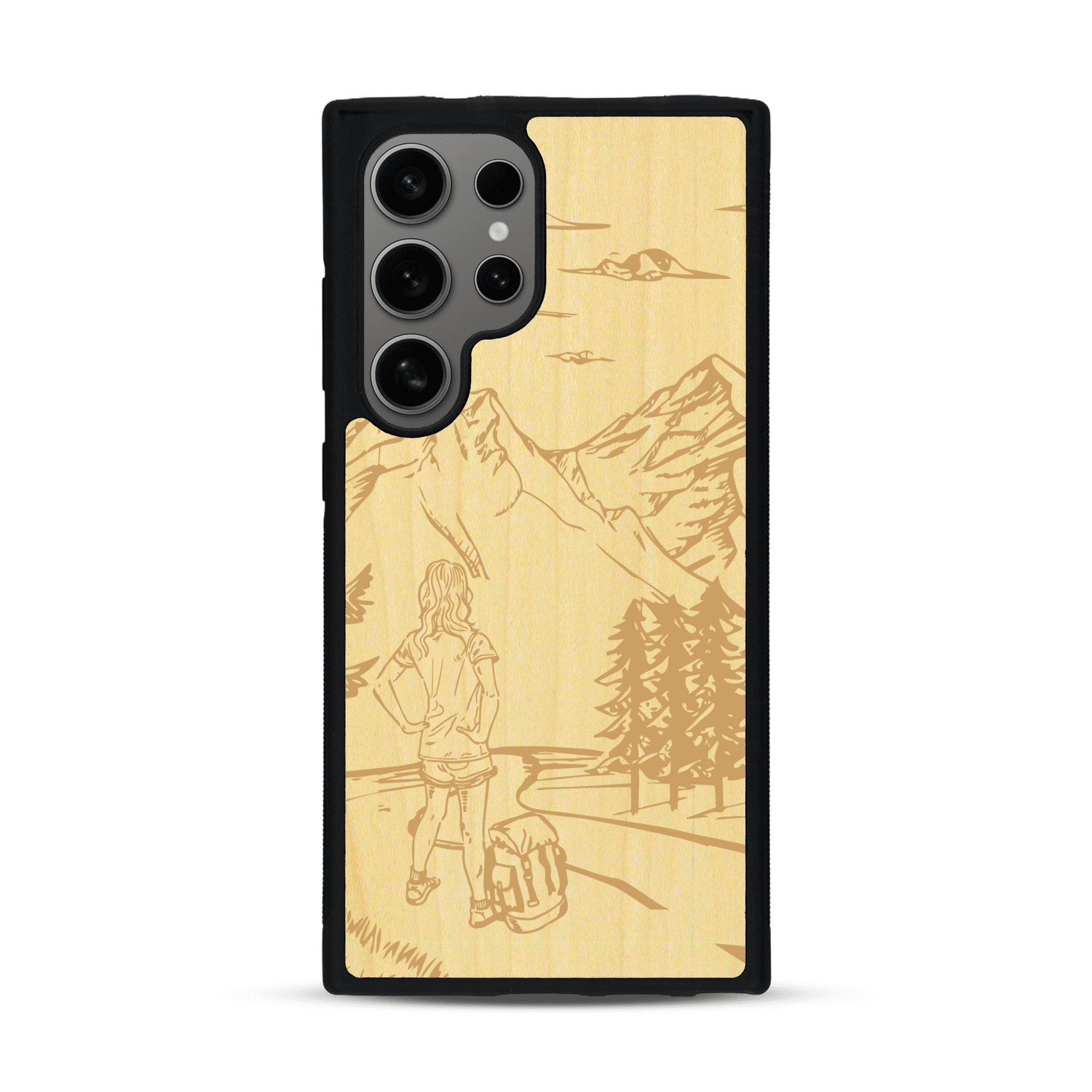 Coque de protection en bois véritable fabriquée en France pour  sur le thème de la randonnée en montagne et de l'aventure avec une gravure représentant une femme de dos face à un paysage de nature
