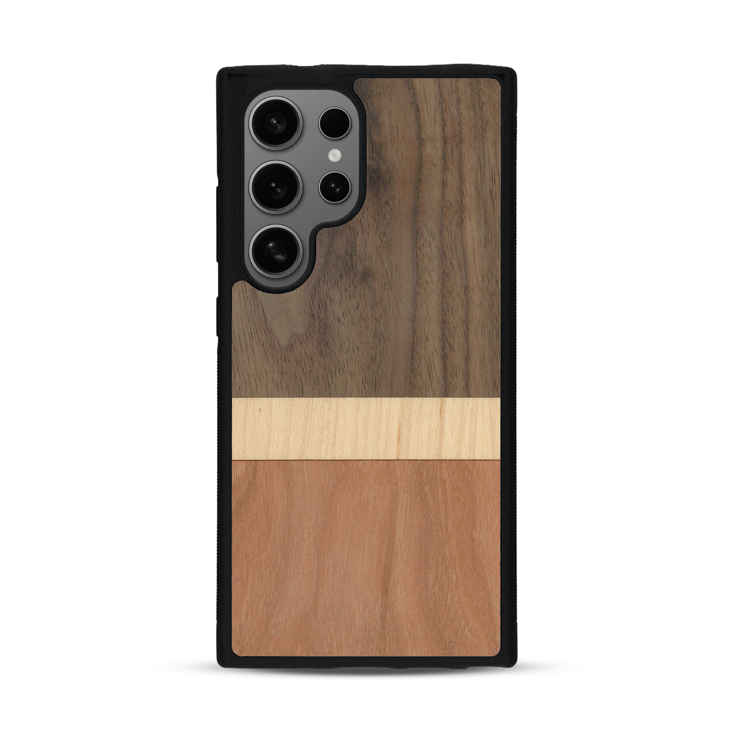 Coque de protection en bois véritable fabriquée en France pour  alliant des bandes horizontales de bambou, merisier et noyer