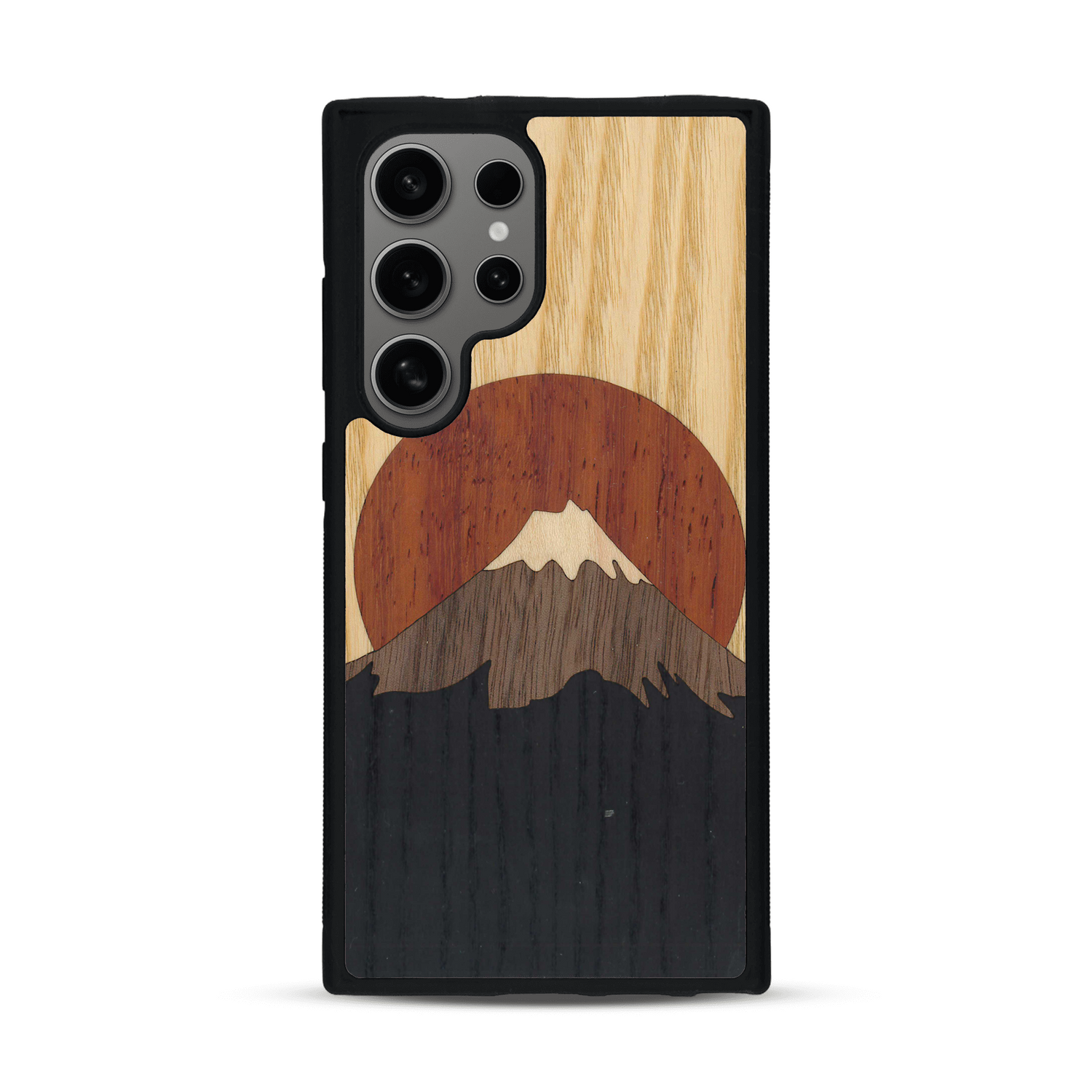 Coque de protection en bois véritable fabriquée en France pour  alliant plusieurs essences de bois pour représenter le mont Fuji