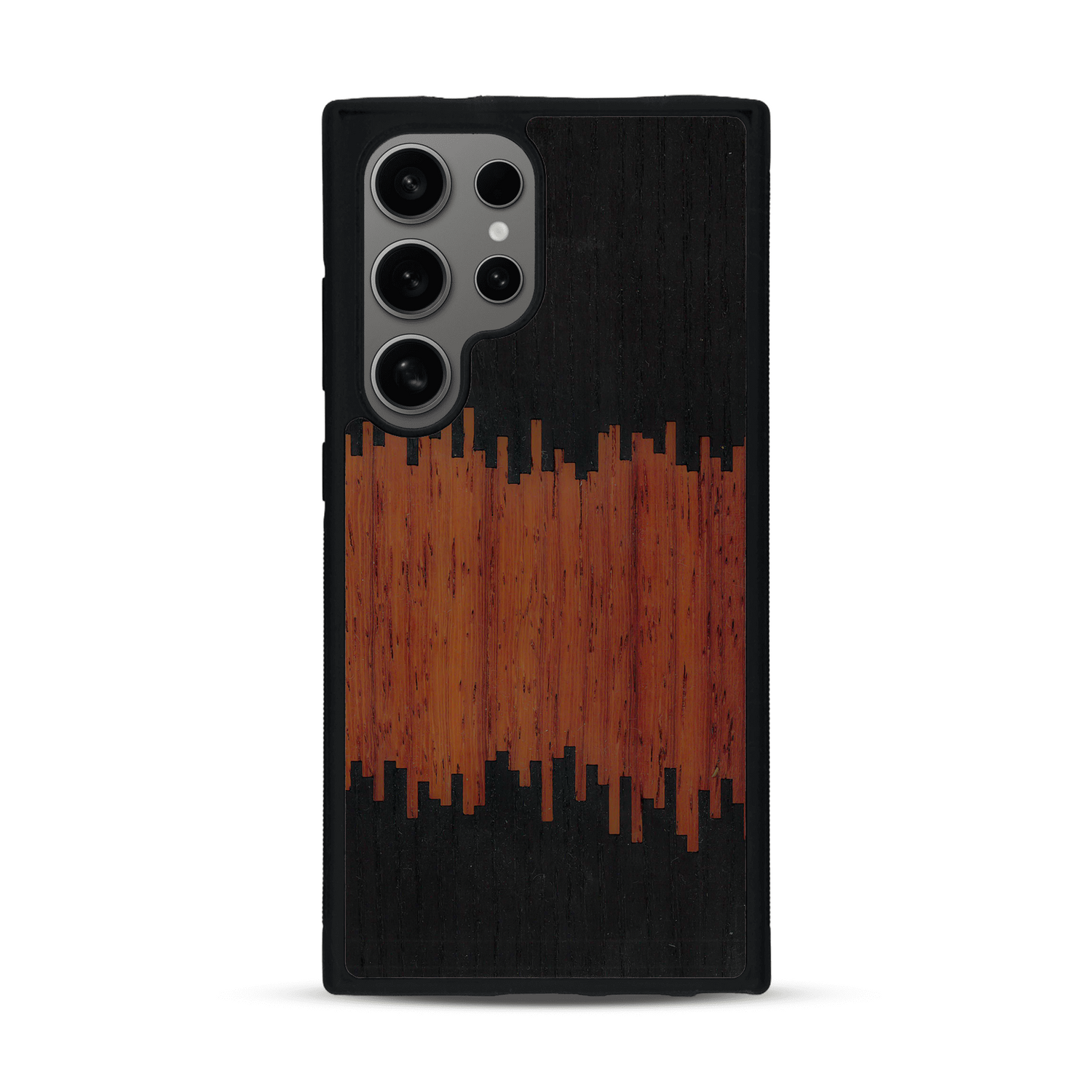 Coque de protection en bois véritable fabriquée en France pour  alliant plusieurs essences de bois pour représenter du magma en fusion