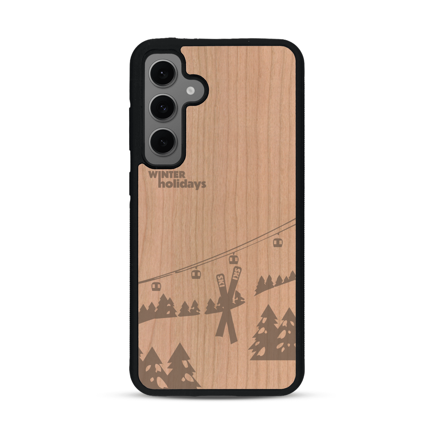 Coque de protection en bois véritable fabriquée en France pour  sur le thème de la montagne, du ski et de la neige avec un motif représentant une paire de ski plantée dans la neige avec en fond des montagnes enneigées