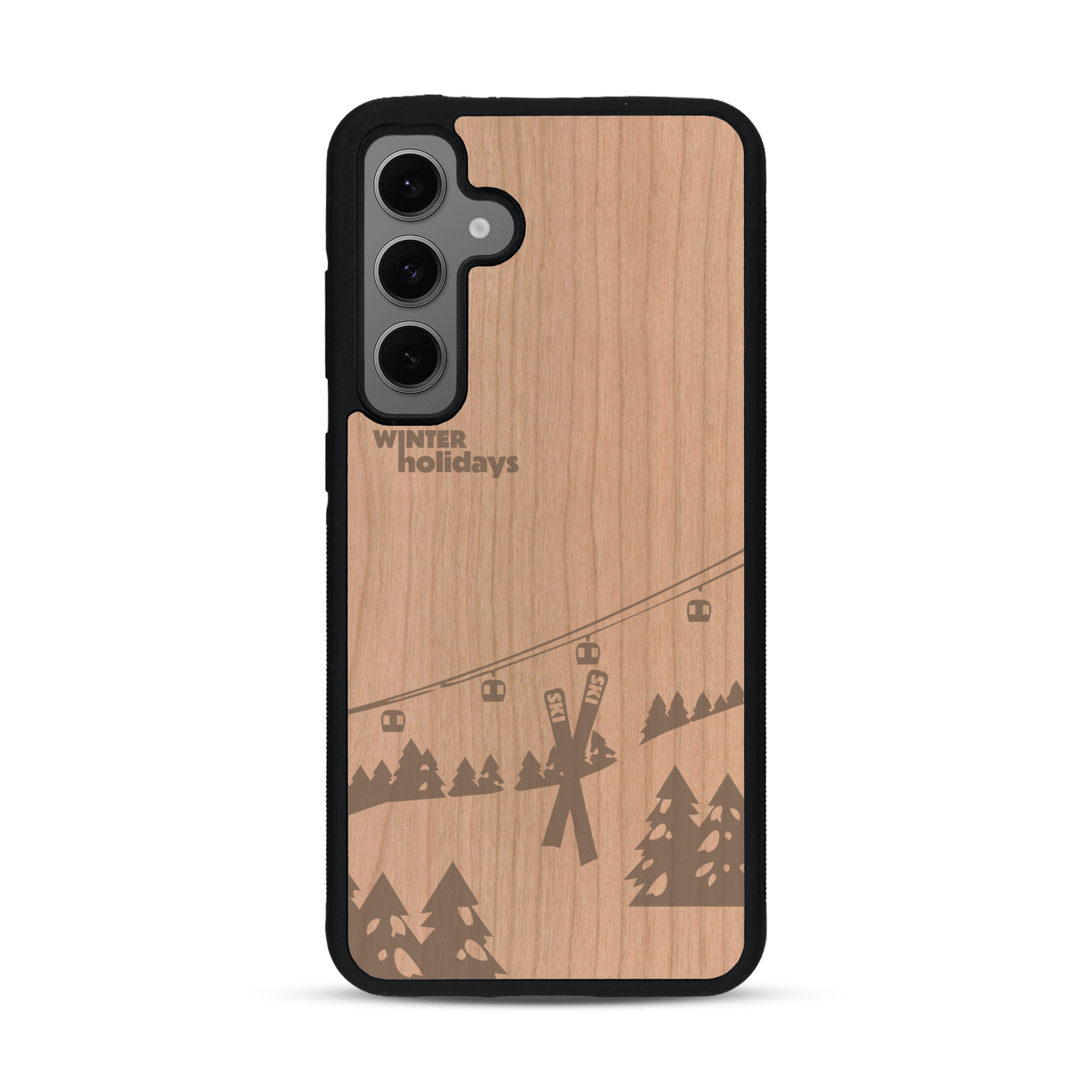 Coque de protection en bois véritable fabriquée en France pour  sur le thème de la montagne, du ski et de la neige avec un motif représentant une paire de ski plantée dans la neige avec en fond des montagnes enneigées