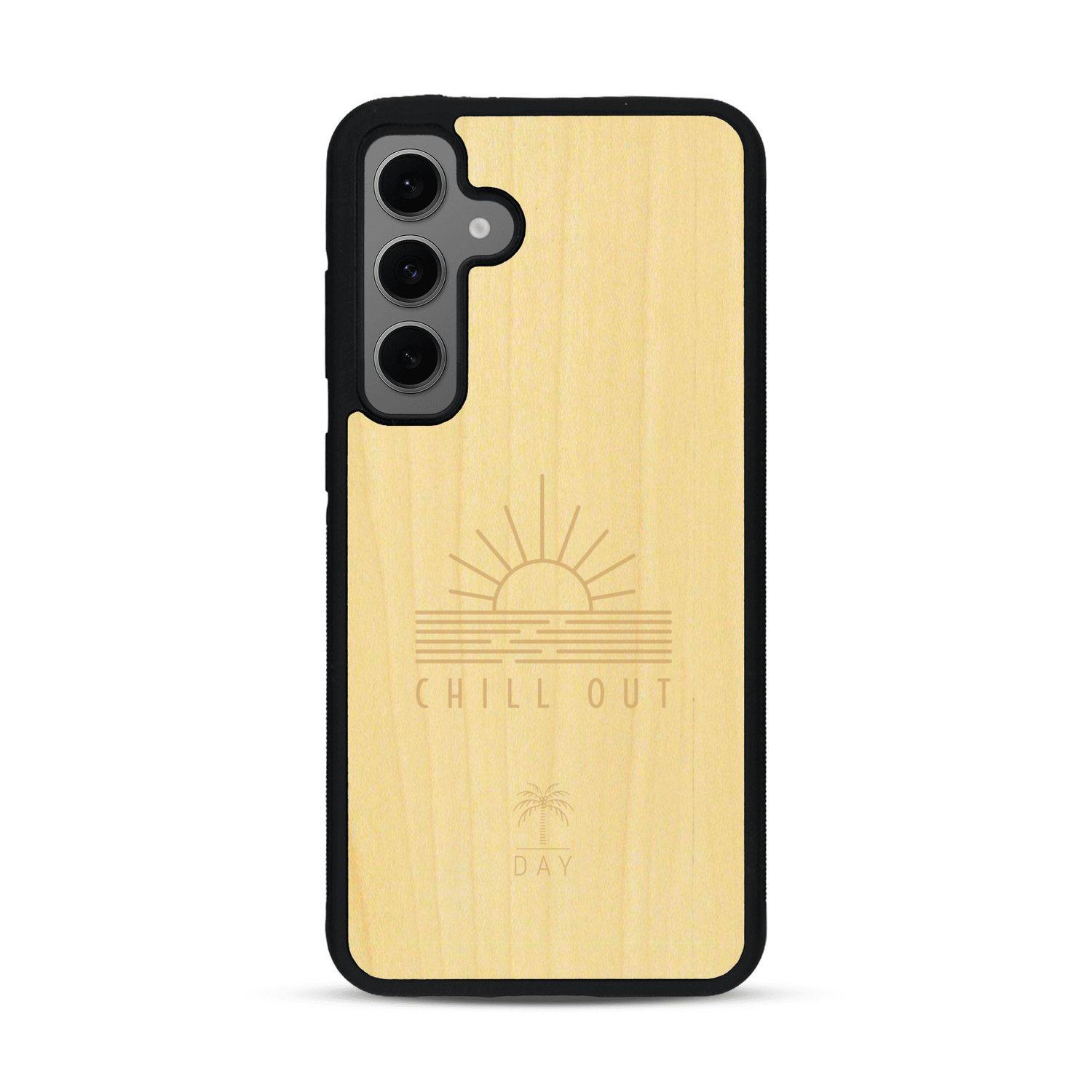 Coque de protection en bois véritable fabriquée en France pour  sur le thème chill avec un motif représentant un couché de soleil sur l'océan et la phrase "Chill out"