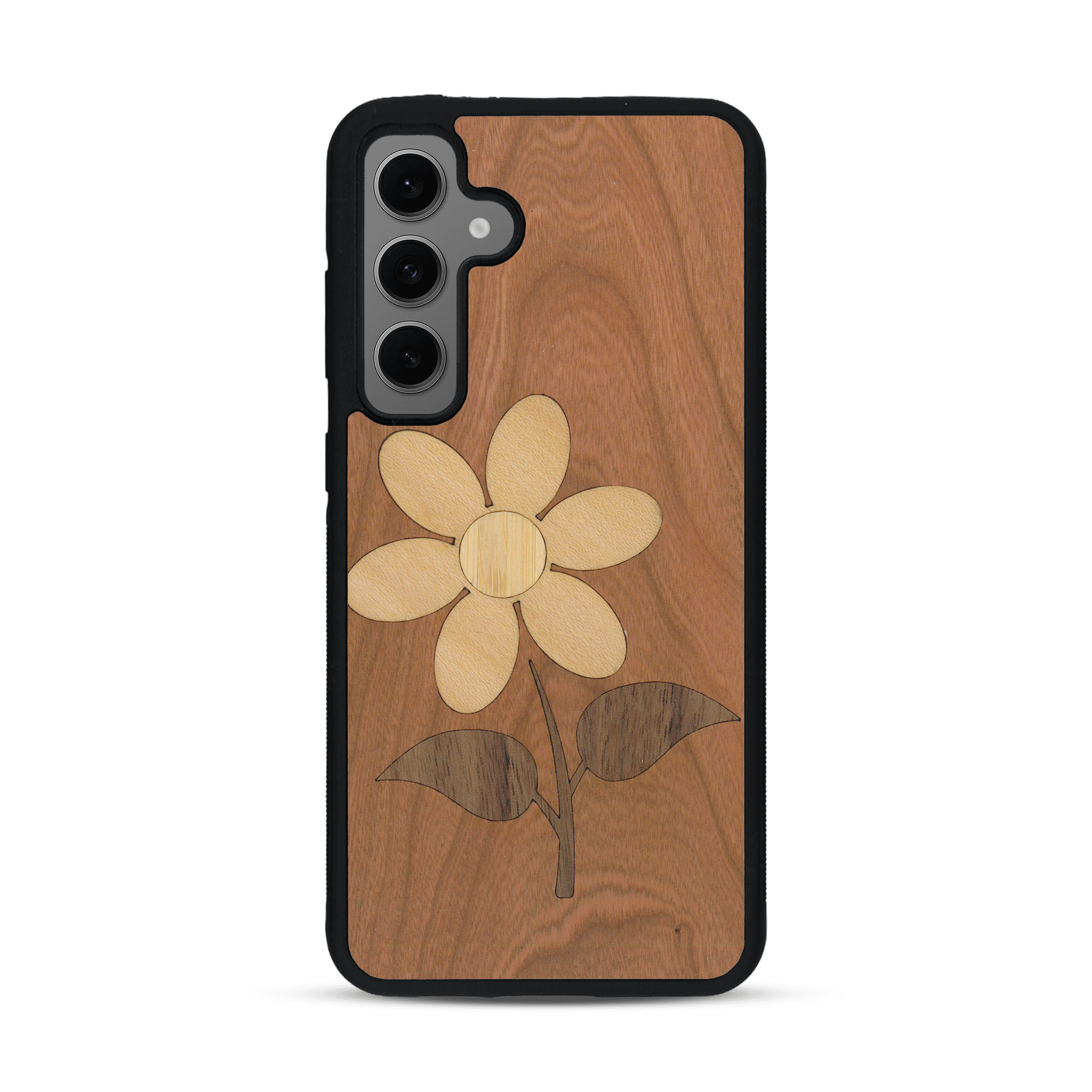 Coque de protection en bois véritable fabriquée en France pour Samsung S24FE alliant plusieurs essences de bois pour représenter une marguerite