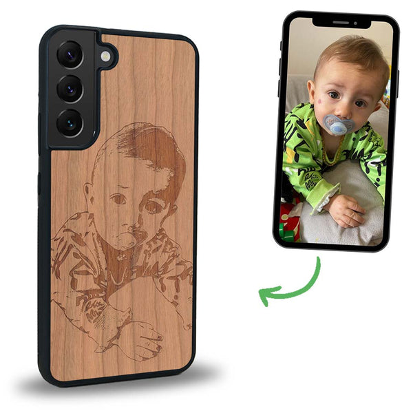 Coque de protection en bois véritable fabriquée en France pour Samsung S24FE avec gravure personnalisée à partir d'une photo, d'une image, d'un logo, des initials ou d'une phrase