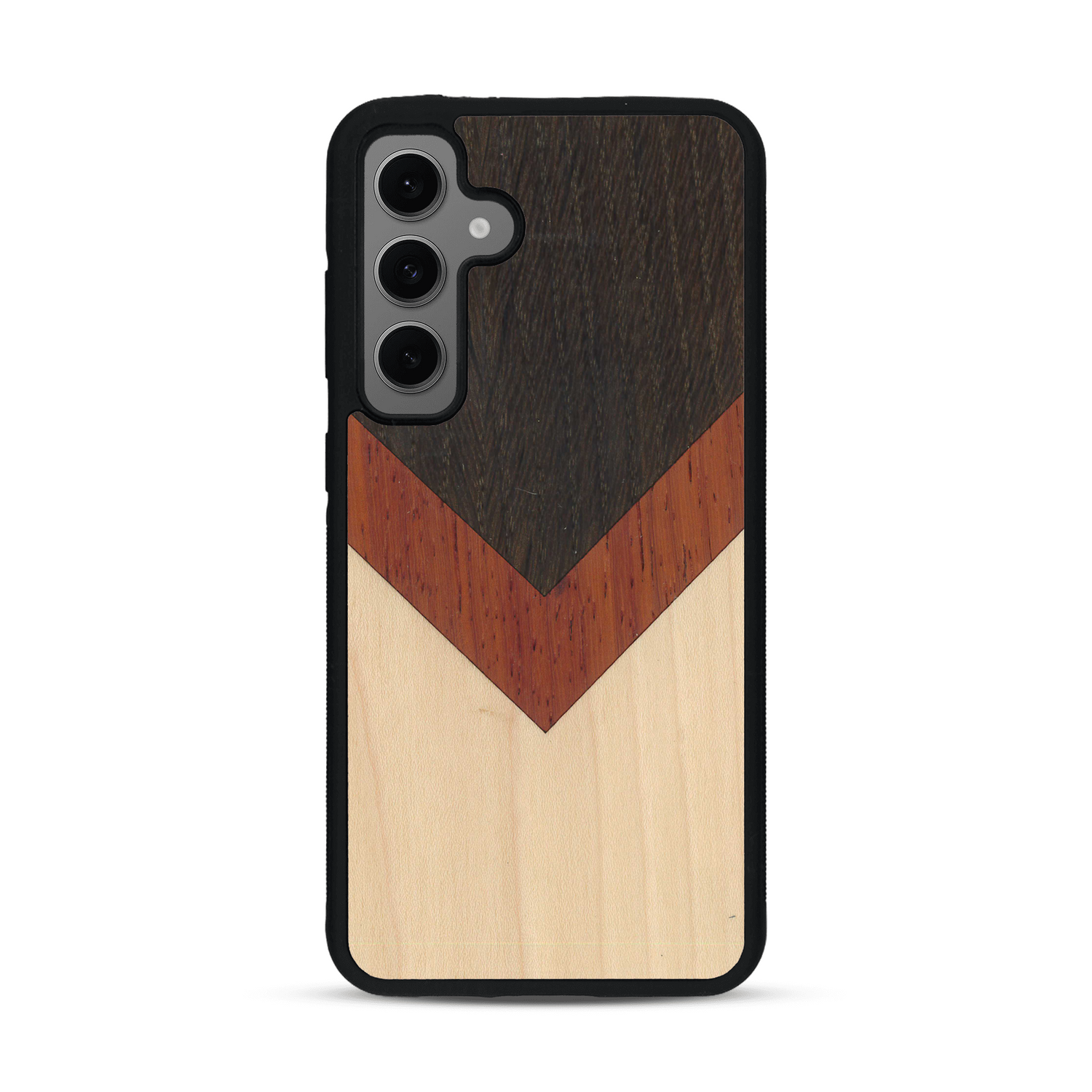 Coque de protection en bois véritable fabriquée en France pour  alliant du chêne fumé, du padouk et du bambou en forme de chevron sur le thème de l'art abstrait