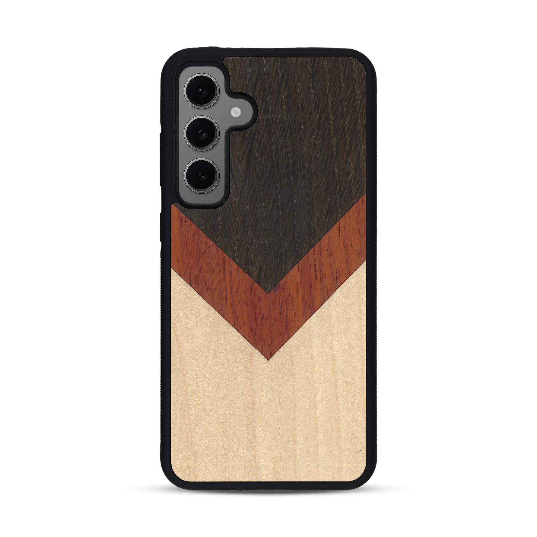Coque de protection en bois véritable fabriquée en France pour  alliant du chêne fumé, du padouk et du bambou en forme de chevron sur le thème de l'art abstrait