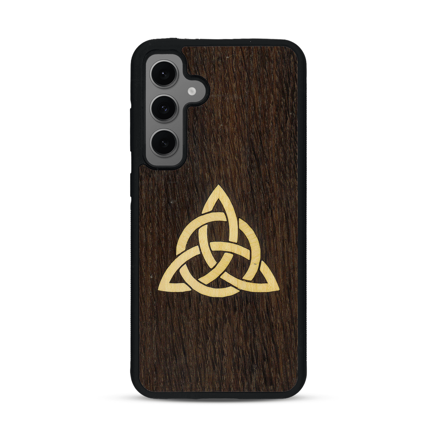 Coque de protection en bois véritable fabriquée en France pour  alliant du chêne fumé et du bambou représentant une triquetra