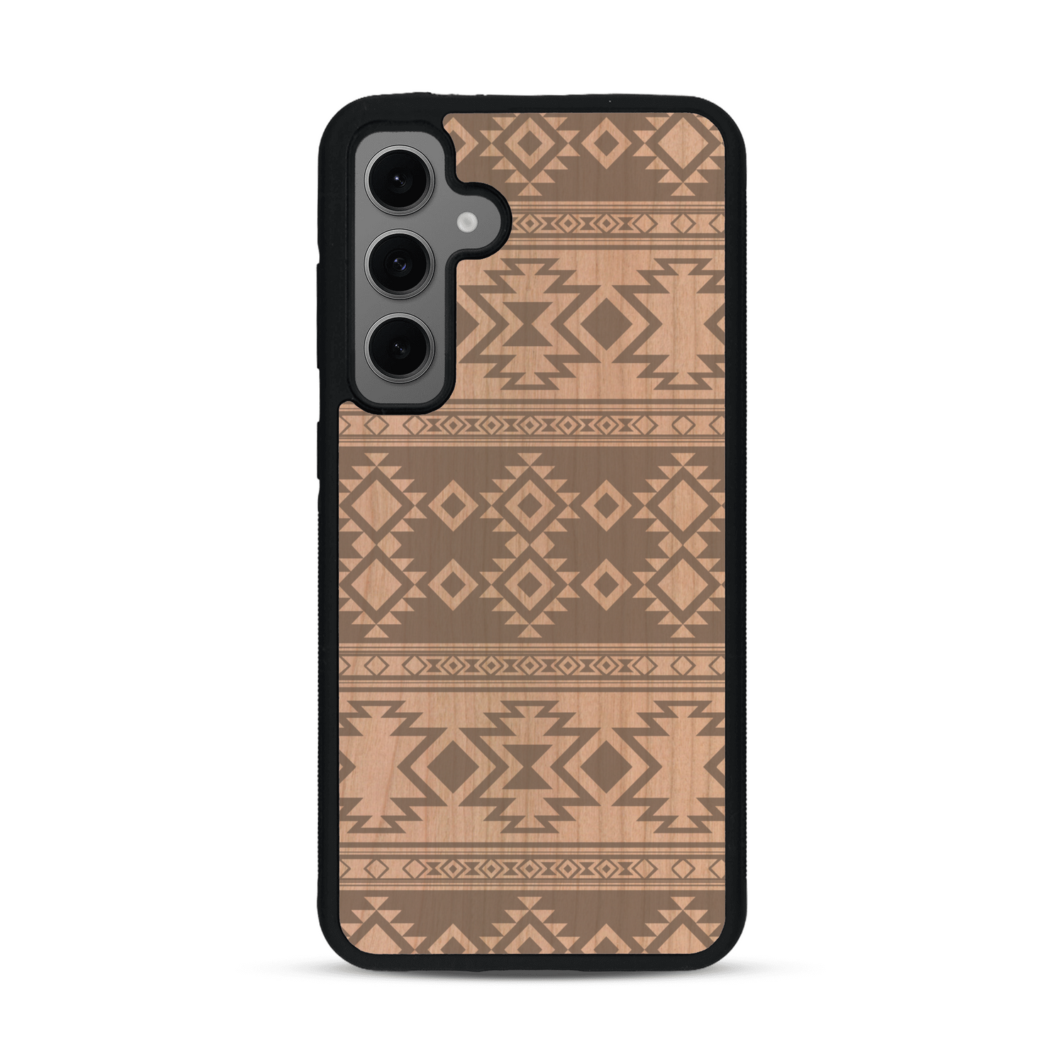 Coque de protection en bois véritable fabriquée en France pour  avec des motifs géométriques s'inspirant des temples aztèques, mayas et incas