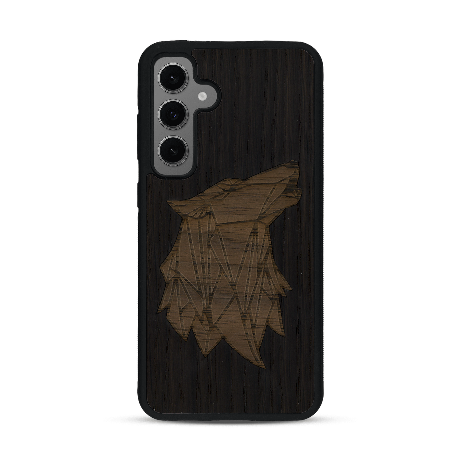 Coque de protection en bois véritable fabriquée en France pour  alliant du chêne fumé et du noyer représentant une tête de loup géométrique de profil sur le thème des animaux et de la nature