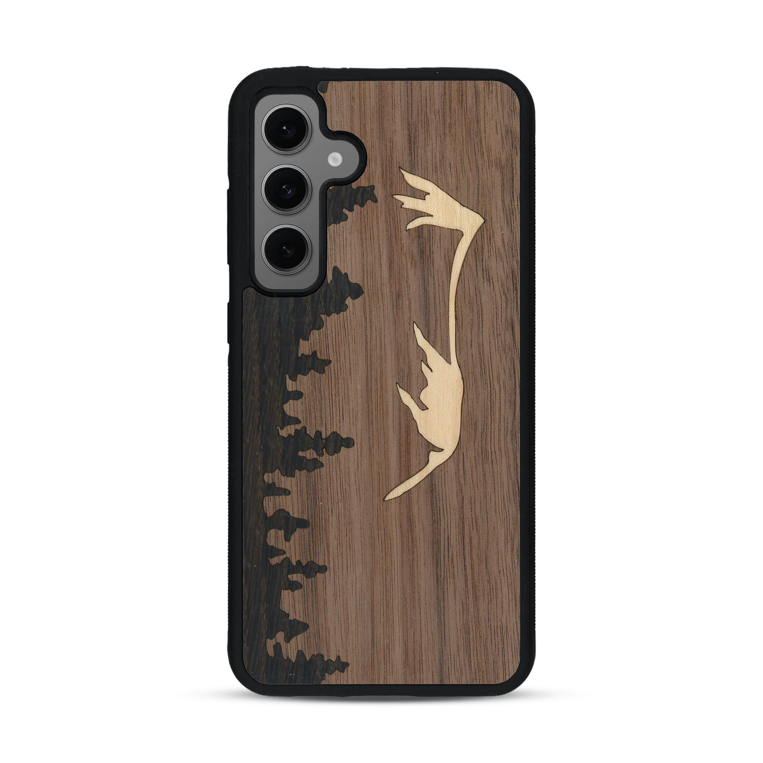 Coque de protection en bois véritable fabriquée en France pour  sur le thème de la nature et de la montagne qui allie du chêne fumé, du noyer et du bambou représentant le mont mézenc