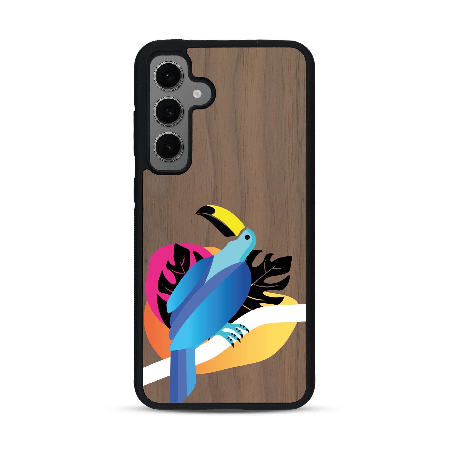 Coque de protection en bois véritable fabriquée en France pour Samsung S24FE représentant un toucan coloré avec un design moderne et minimaliste sur le thème de la jungle et de la nature