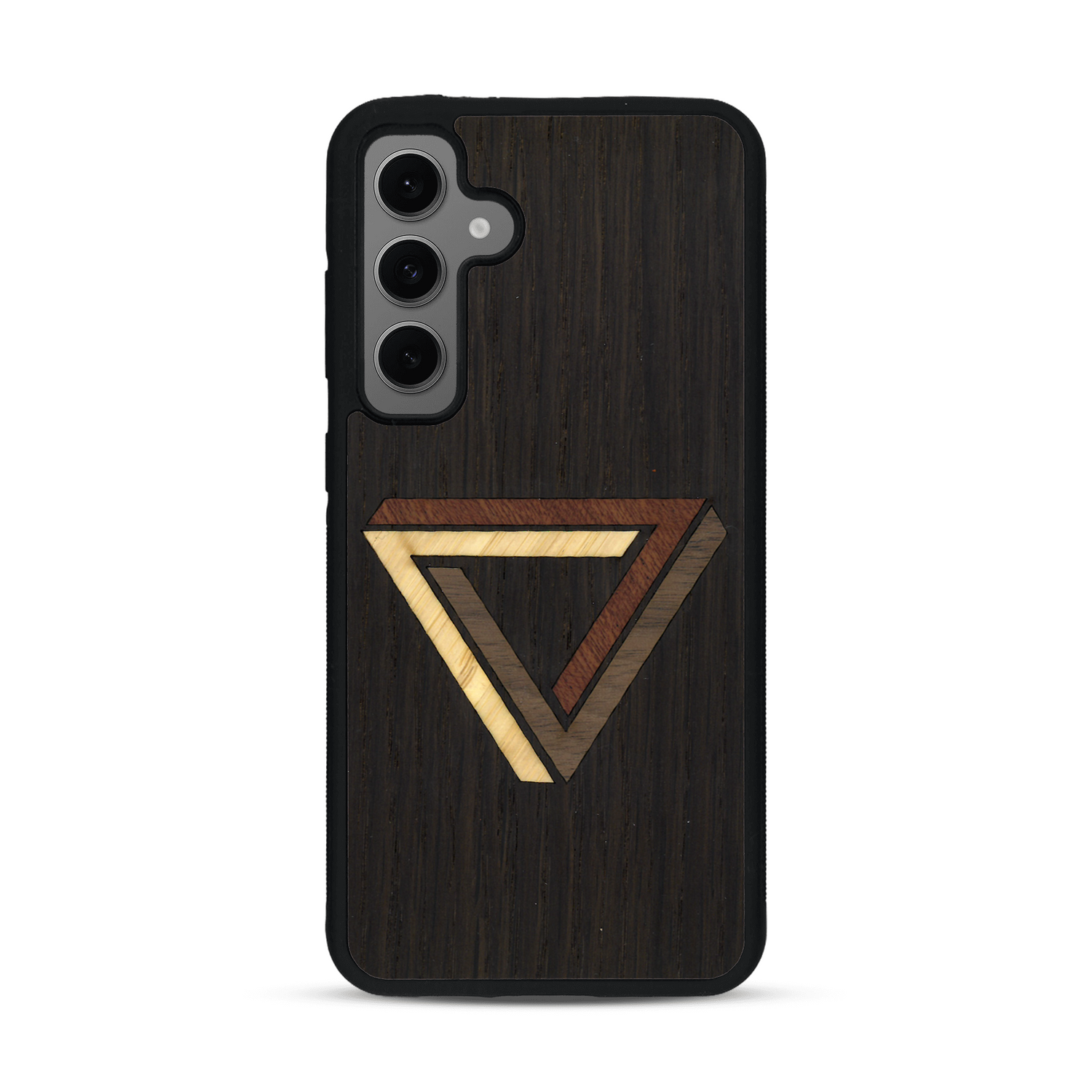 Coque de protection en bois véritable fabriquée en France pour  sur le thème de l'art géométrique qui allie du chêne fumé, du noyer, du bambou et du padouk représentant le triangle de penrose