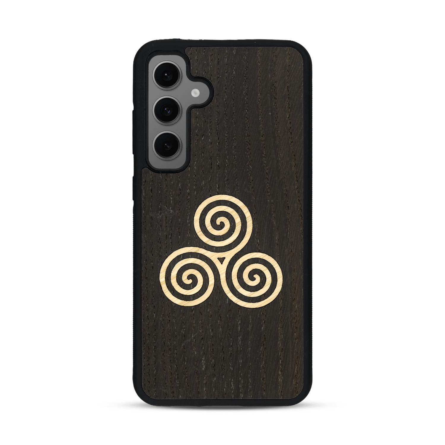 Coque de protection en bois véritable fabriquée en France pour  alliant du chêne fumé et du bambou et doré représentant un triskell