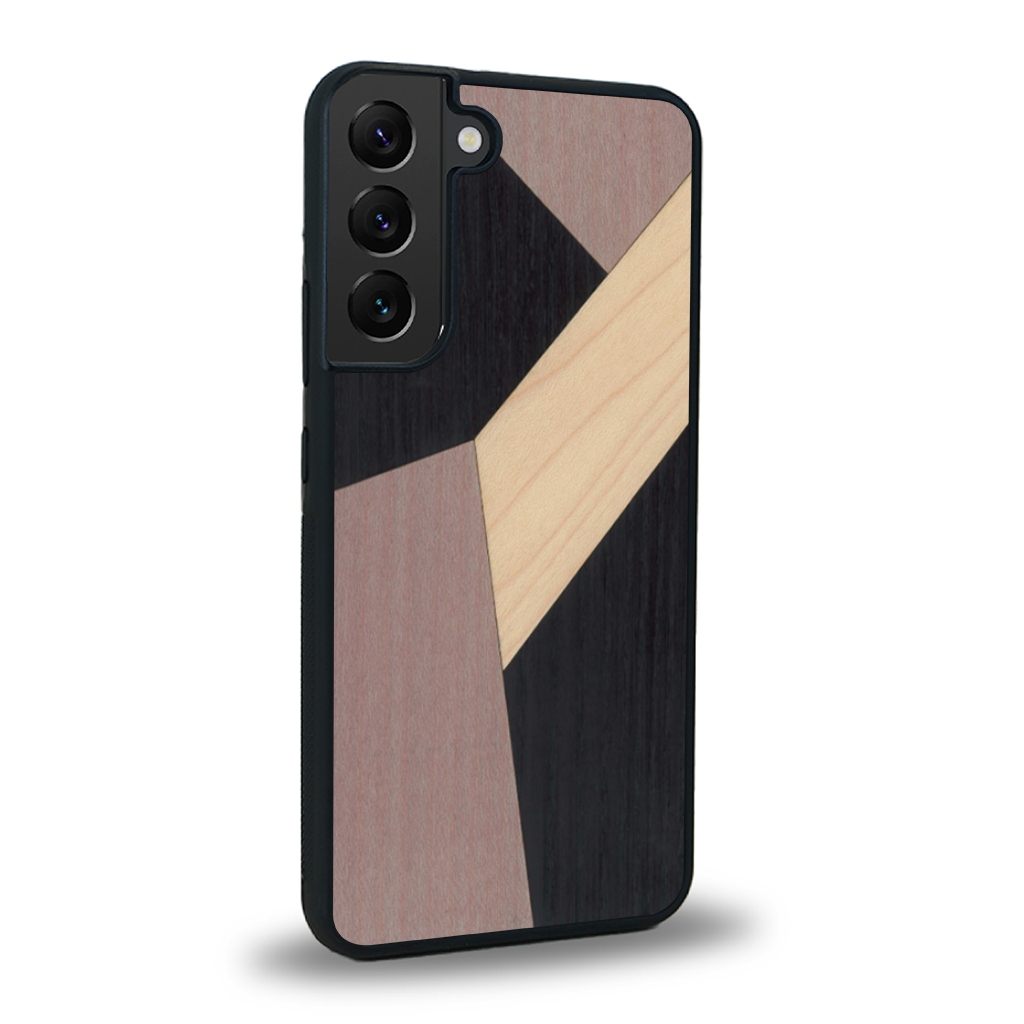 Coque de protection en bois véritable fabriquée en France pour Samsung S24FE alliant du bambou, du tulipier mauve et noir en forme de mosaïque minimaliste sur le thème de l'art abstrait