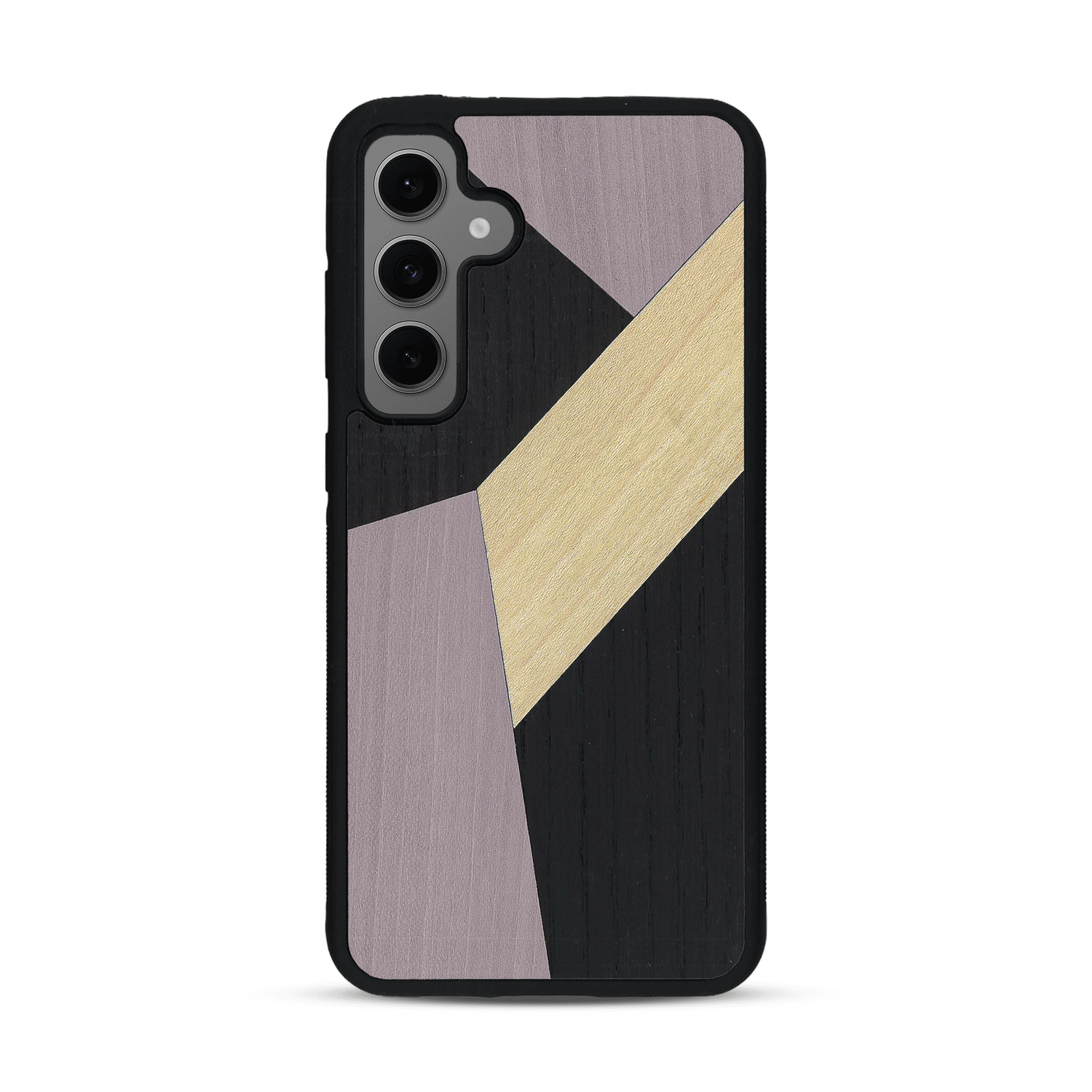 Coque de protection en bois véritable fabriquée en France pour  alliant du bambou, du tulipier mauve et noir en forme de mosaïque minimaliste sur le thème de l'art abstrait