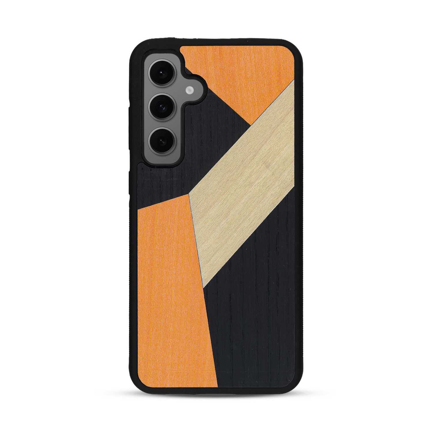 Coque de protection en bois véritable fabriquée en France pour  alliant du bambou, du tulipier orange et noir en forme de mosaïque minimaliste sur le thème de l'art abstrait