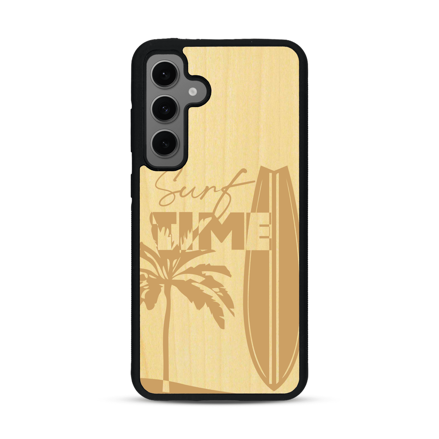 Coque de protection en bois véritable fabriquée en France pour  sur le thème chill avec un motif représentant une silouhette tenant une planche de surf sur une plage entouré de palmiers et les mots "Surf Time Long Beach Miami"