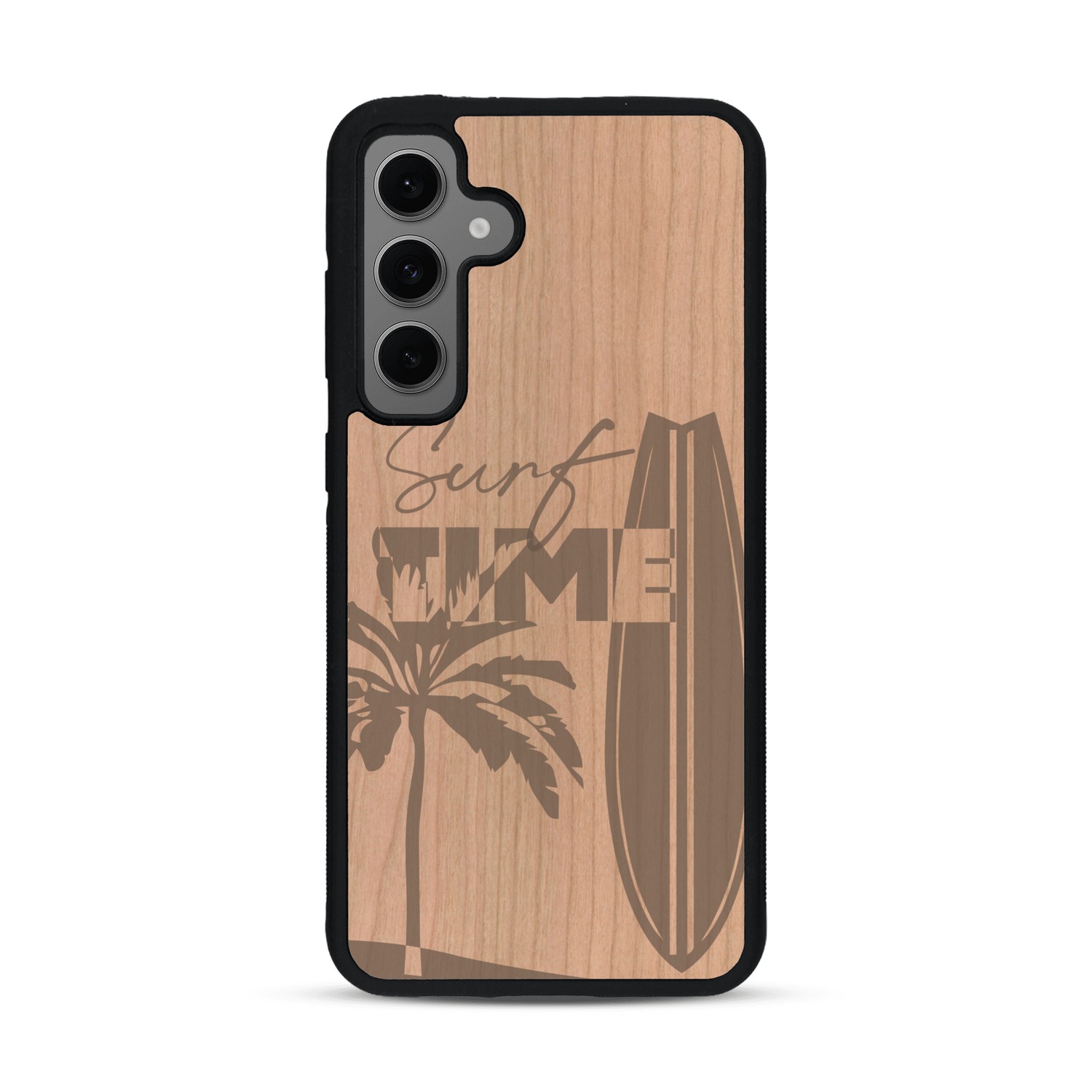 Coque de protection en bois véritable fabriquée en France pour  sur le thème chill avec un motif représentant une silouhette tenant une planche de surf sur une plage entouré de palmiers et les mots "Surf Time Long Beach Miami"