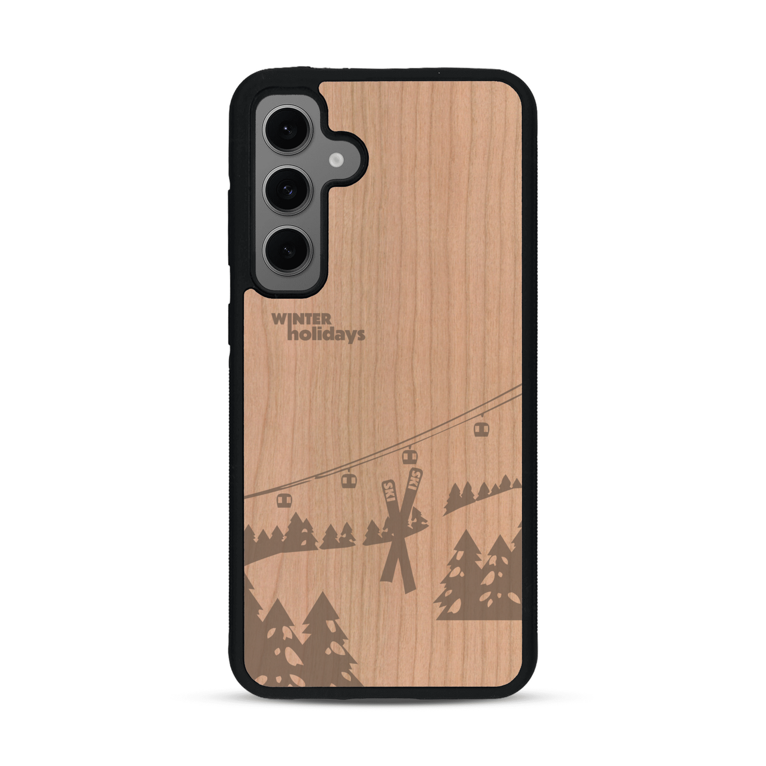 Coque de protection en bois véritable fabriquée en France pour  sur le thème de la montagne, du ski et de la neige avec un motif représentant une paire de ski plantée dans la neige avec en fond des montagnes enneigées