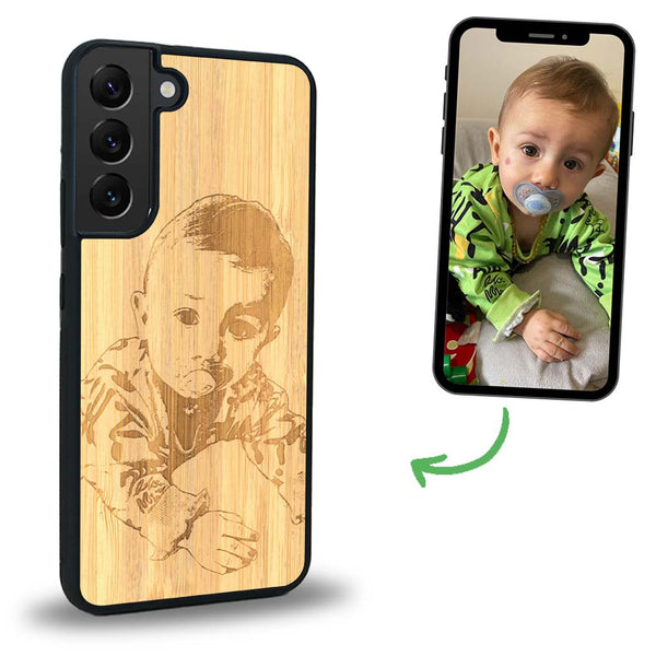 Coque de protection en bois véritable fabriquée en France pour Samsung S24+ avec gravure personnalisée à partir d'une photo, d'une image, d'un logo, des initials ou d'une phrase