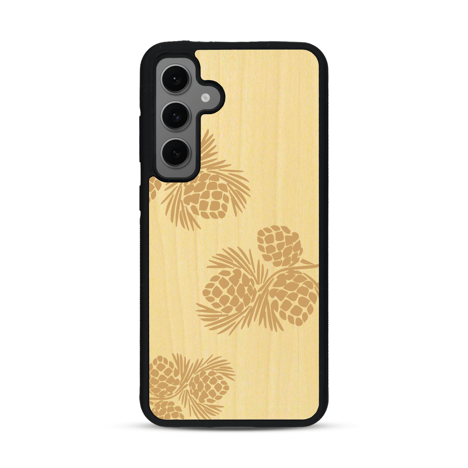 Coque de protection en bois véritable fabriquée en France pour  sur le thème de la nature des arbres avec un motif de gravure représentant des épines de sapin et des pommes de pin