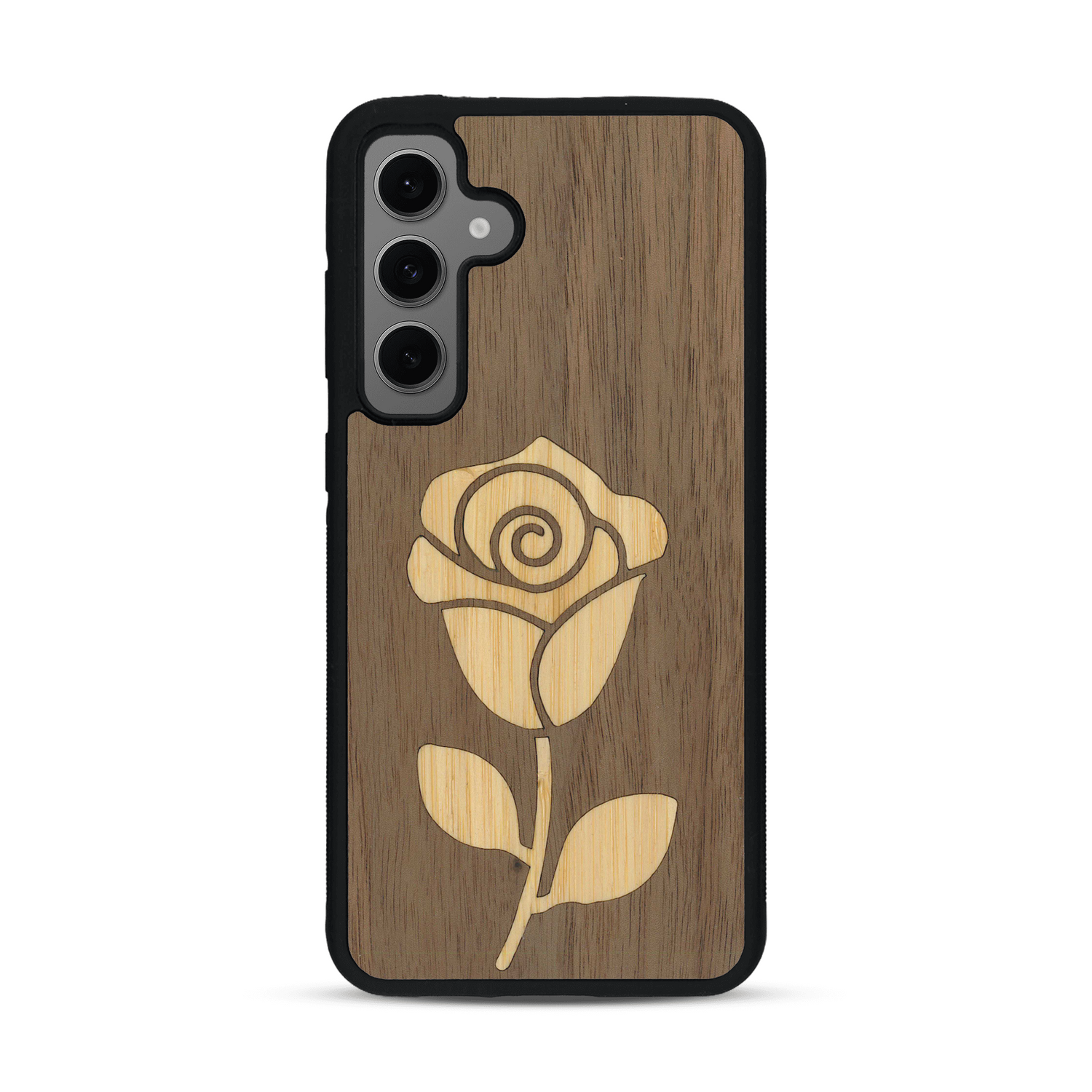 Coque de protection en bois véritable fabriquée en France pour Samsung S24+ alliant plusieurs essences de bois pour représenter une rose