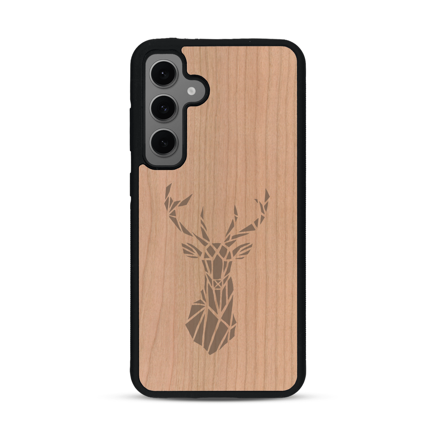 Coque de protection en bois véritable fabriquée en France pour  sur le thème de la nature et des animaux représentant une tête de cerf gométrique avec un design moderne et minimaliste