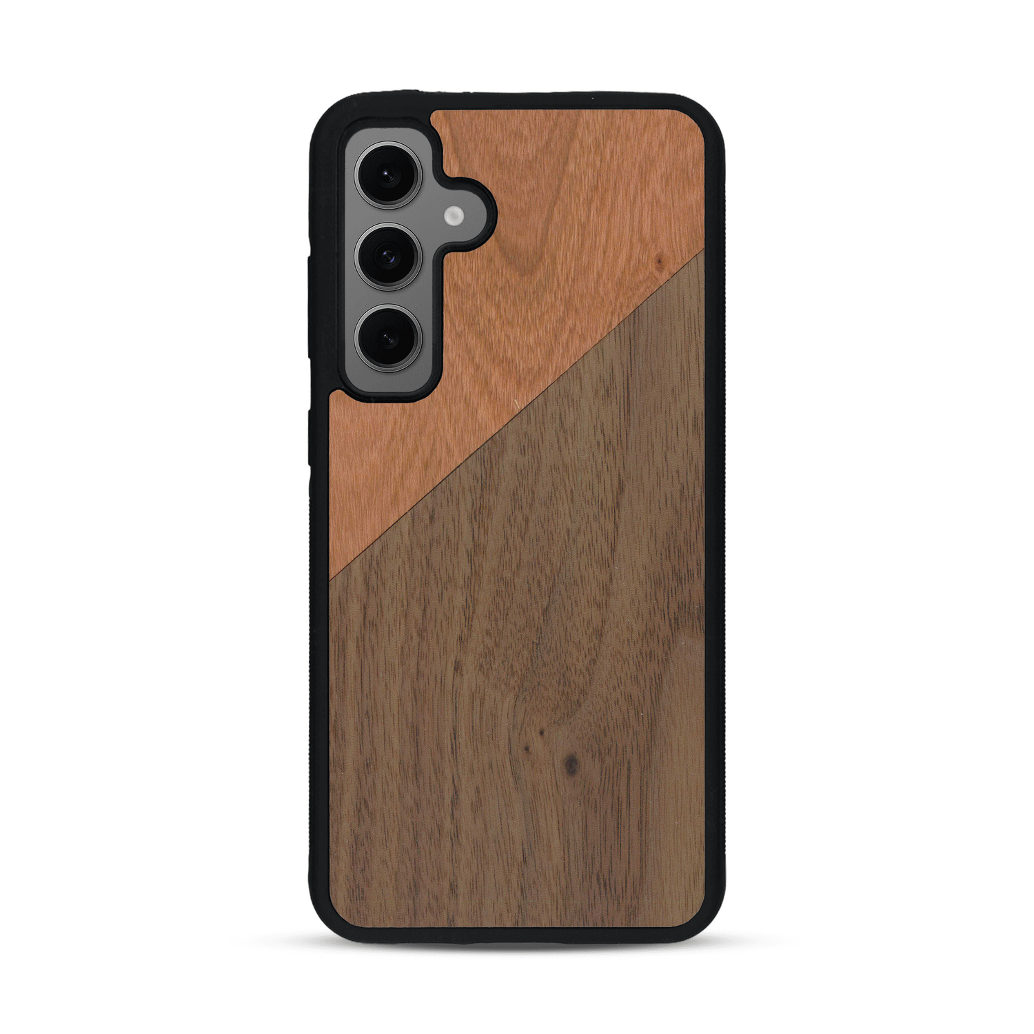 Coque de protection en bois véritable fabriquée en France pour  alliant du merisier et du noyer formant chacun un triangle avec une jointure en diagonale sur le thème de l'art abstrait