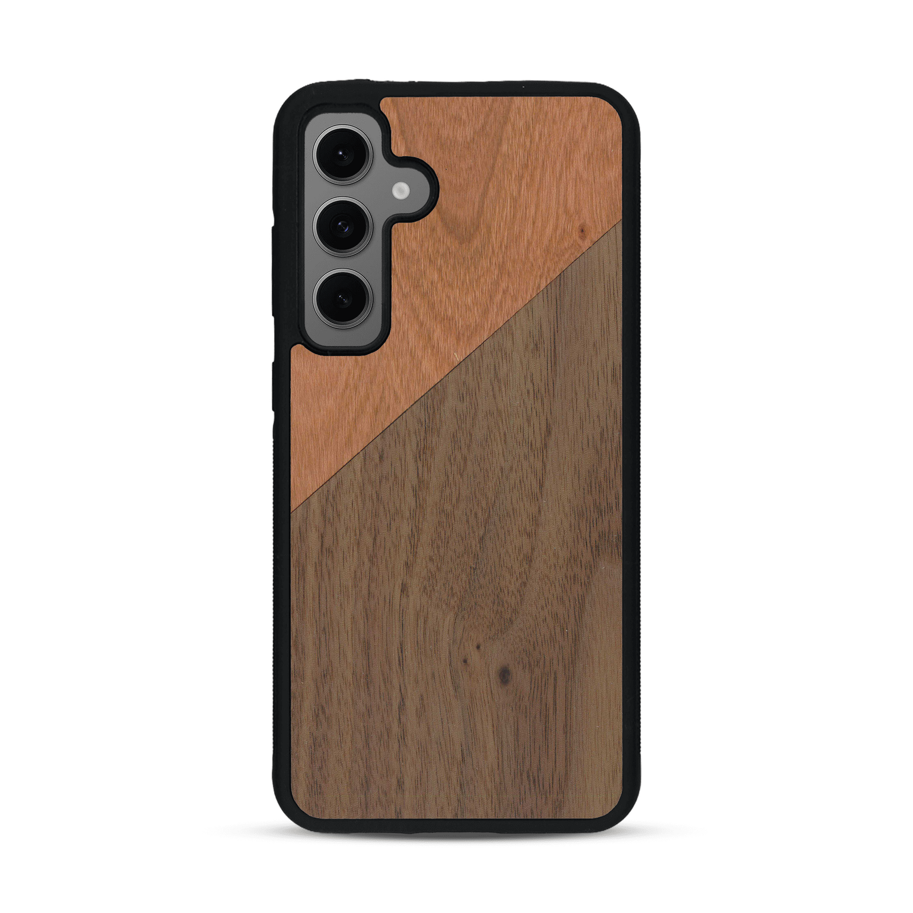 Coque de protection en bois véritable fabriquée en France pour  alliant du merisier et du noyer formant chacun un triangle avec une jointure en diagonale sur le thème de l'art abstrait