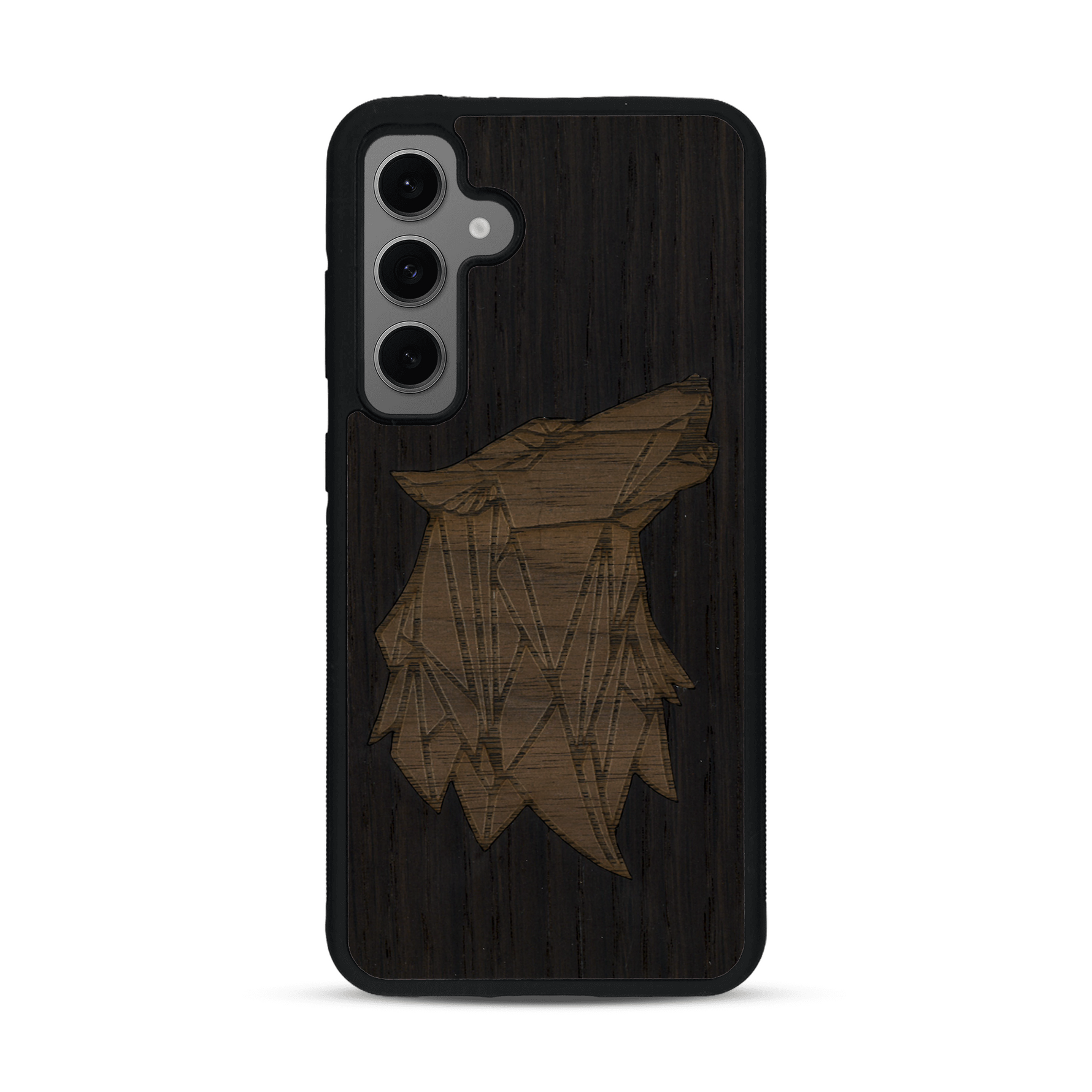 Coque de protection en bois véritable fabriquée en France pour  alliant du chêne fumé et du noyer représentant une tête de loup géométrique de profil sur le thème des animaux et de la nature