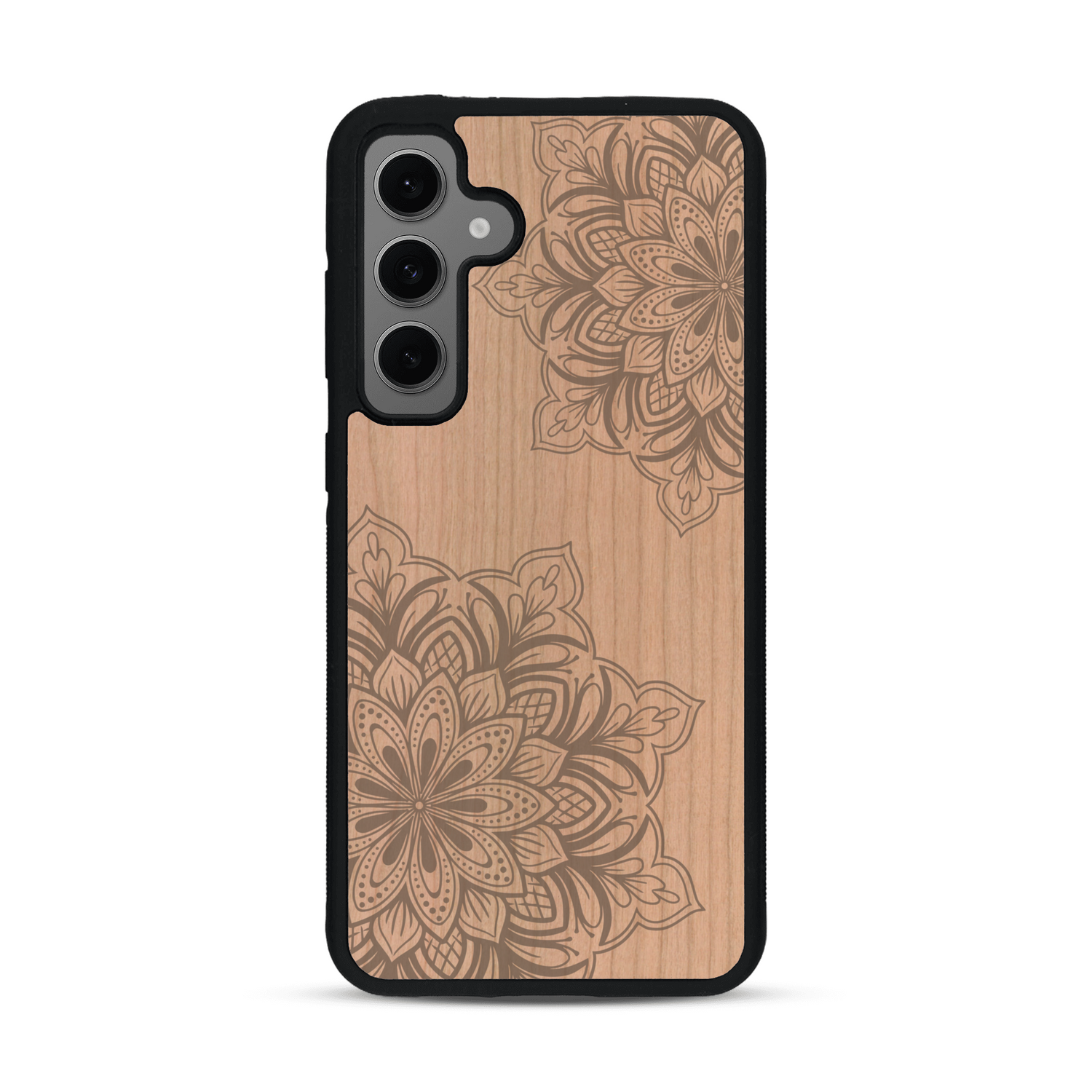 Coque de protection en bois véritable fabriquée en France pour  sur le thème de la bohème et du tatouage au henné avec une gravure représentant un mandala