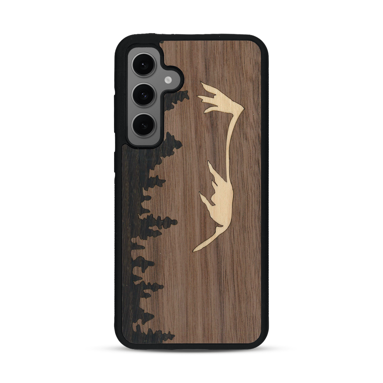 Coque de protection en bois véritable fabriquée en France pour  sur le thème de la nature et de la montagne qui allie du chêne fumé, du noyer et du bambou représentant le mont mézenc