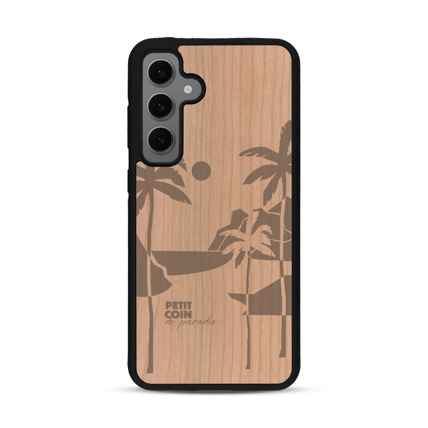 Coque de protection en bois véritable fabriquée en France pour  sur le thème des voyages en vans, vanlife et chill avec une gravure représentant un van vw combi devant le soleil couchant sur une plage avec des vagues