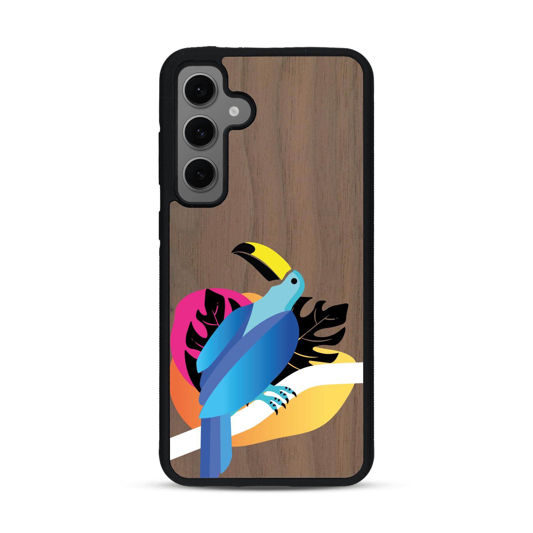 Coque de protection en bois véritable fabriquée en France pour Samsung S24+ représentant un toucan coloré avec un design moderne et minimaliste sur le thème de la jungle et de la nature