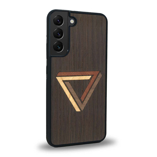 Coque de protection en bois véritable fabriquée en France pour Samsung S24+ sur le thème de l'art géométrique qui allie du chêne fumé, du noyer, du bambou et du padouk représentant le triangle de penrose