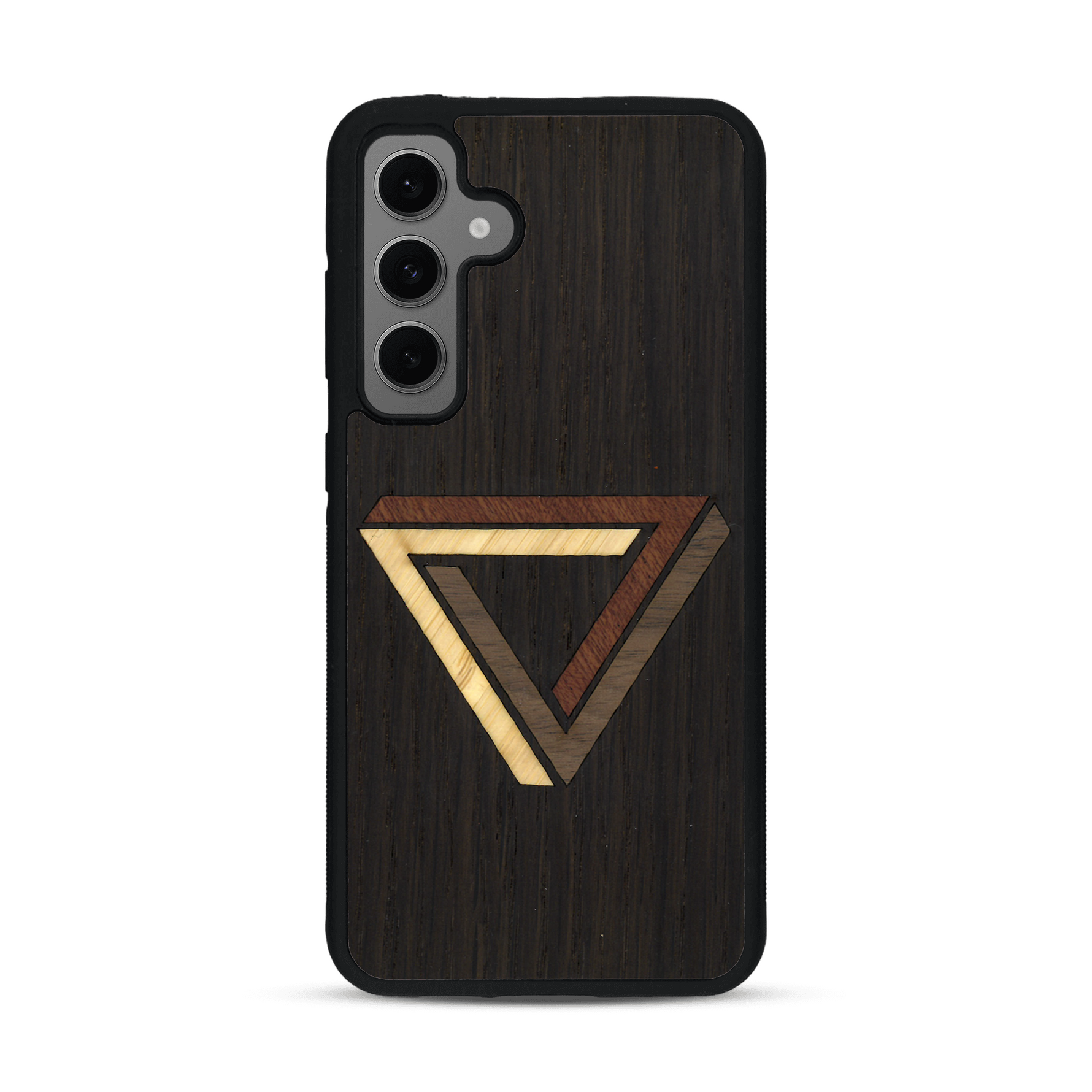Coque de protection en bois véritable fabriquée en France pour  sur le thème de l'art géométrique qui allie du chêne fumé, du noyer, du bambou et du padouk représentant le triangle de penrose