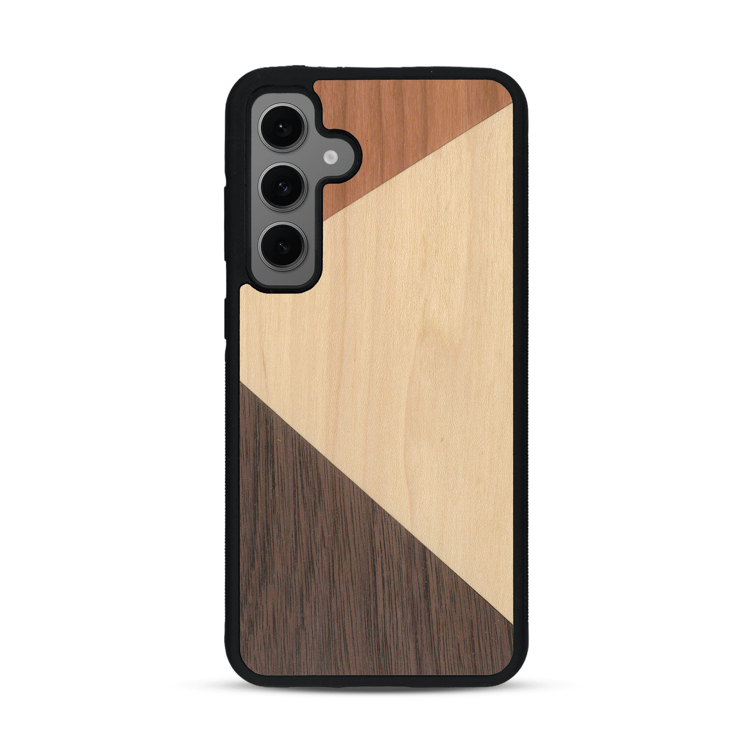 Coque de protection en bois véritable fabriquée en France pour  alliant du merisier, du noyer et du bambou formant chacun deux triangles et un trapèze avec deux jointures en diagonale sur le thème de l'art abstrait
