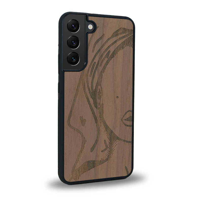 Coque de protection en bois véritable fabriquée en France pour Samsung S25 représentant une silhouette féminine épurée de type line art en collaboration avec l'artiste Maud Dabs