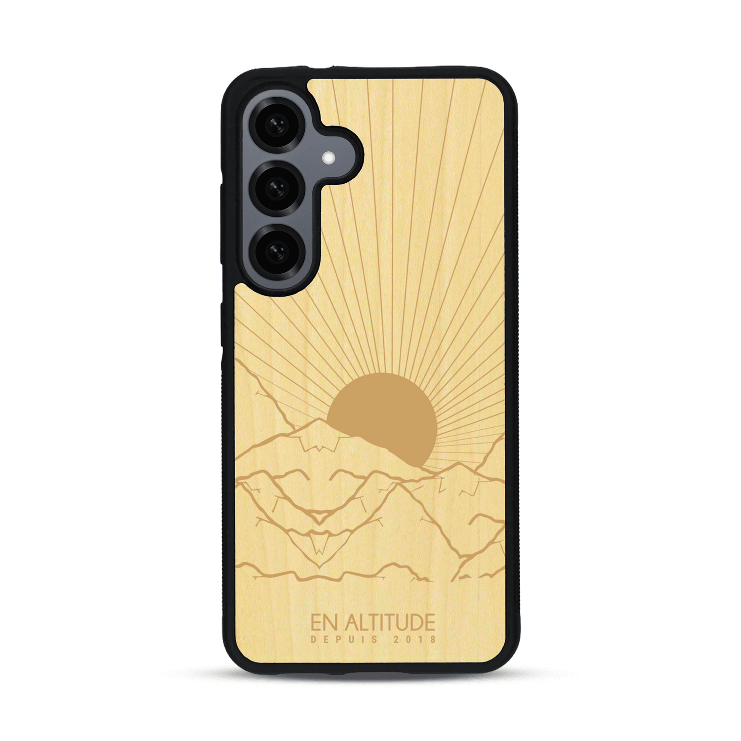Coque de protection en bois véritable fabriquée en France pour  représentant des montagnes, sur le thème de la randonnée en pleine nature et du trail