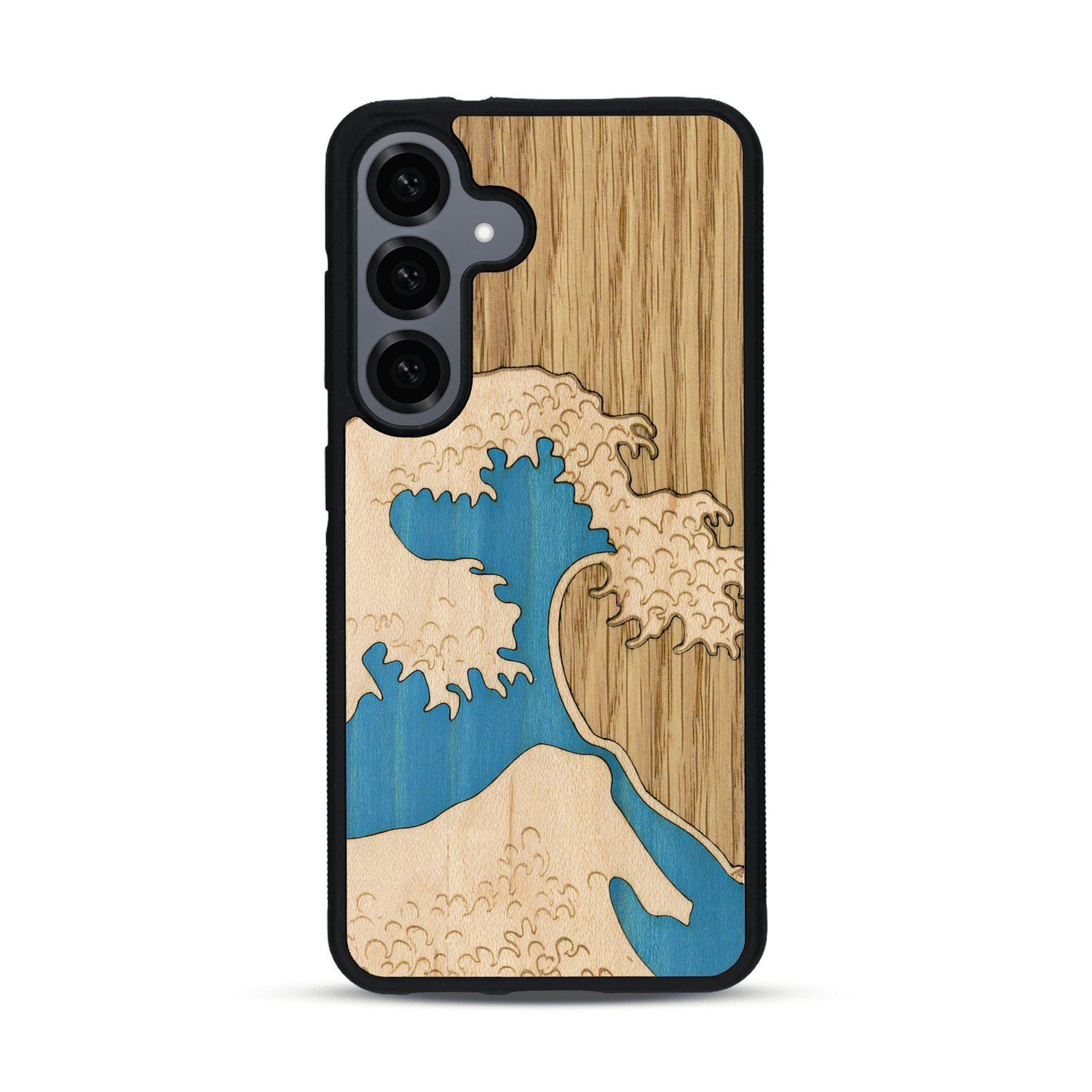 Coque de protection en bois véritable fabriquée en France pour  alliant plusieurs essences de bois pour représenter la célèbre grande vague de Kanagawa
