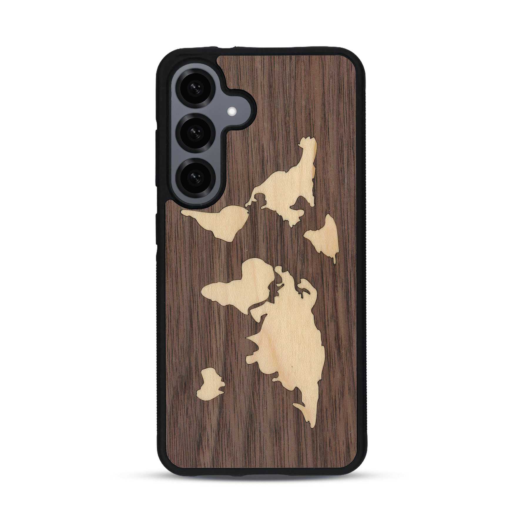 Coque de protection en bois véritable fabriquée en France pour  alliant du bambou et du noyer sur le thème du voyage et de l'aventure représentant une mappemonde