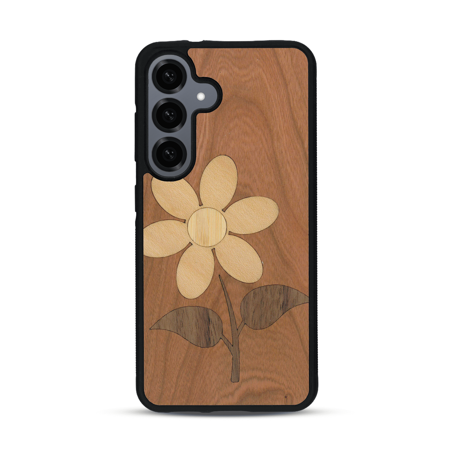 Coque de protection en bois véritable fabriquée en France pour Samsung S25 alliant plusieurs essences de bois pour représenter une marguerite