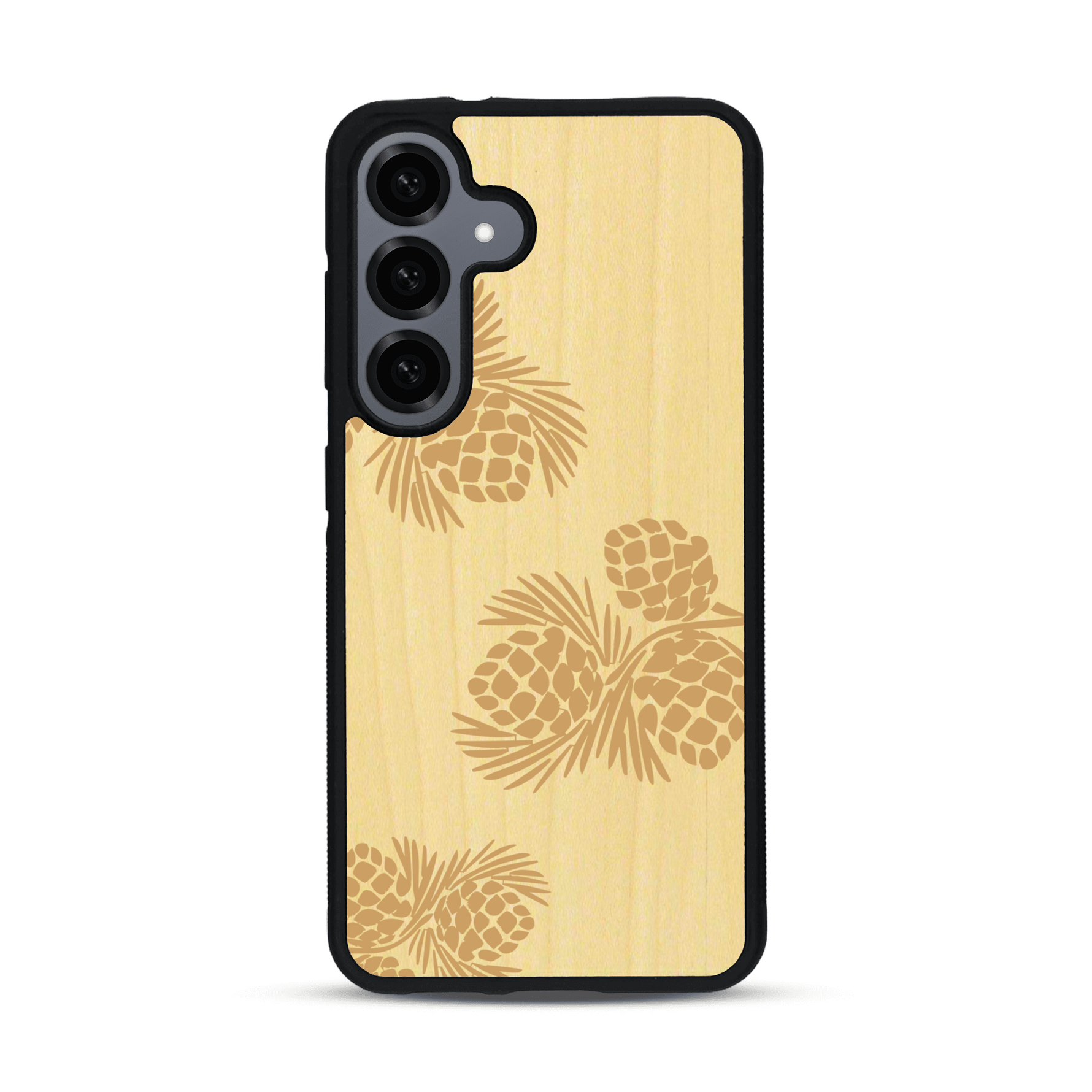 Coque de protection en bois véritable fabriquée en France pour  sur le thème de la nature des arbres avec un motif de gravure représentant des épines de sapin et des pommes de pin