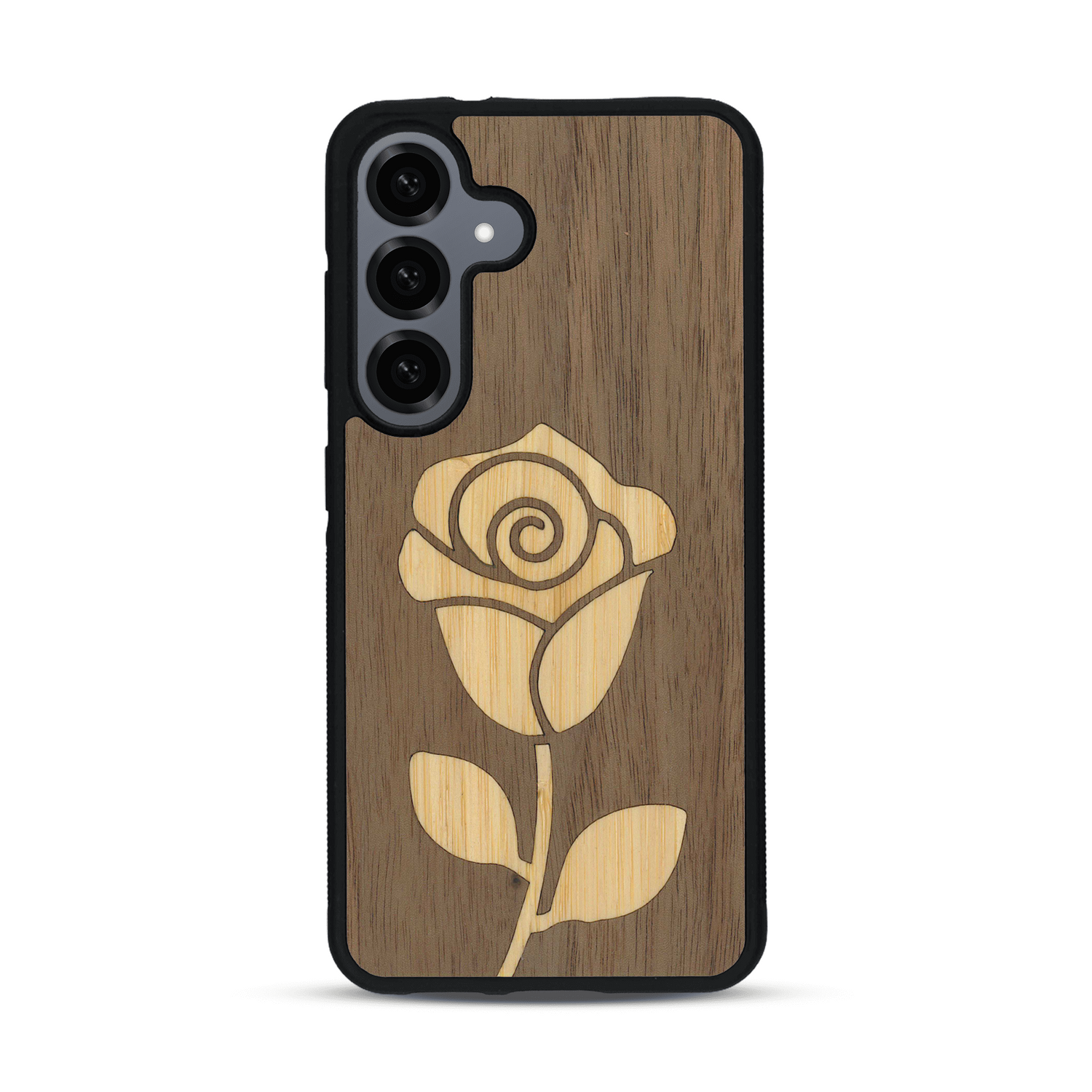 Coque de protection en bois véritable fabriquée en France pour Samsung S25 alliant plusieurs essences de bois pour représenter une rose