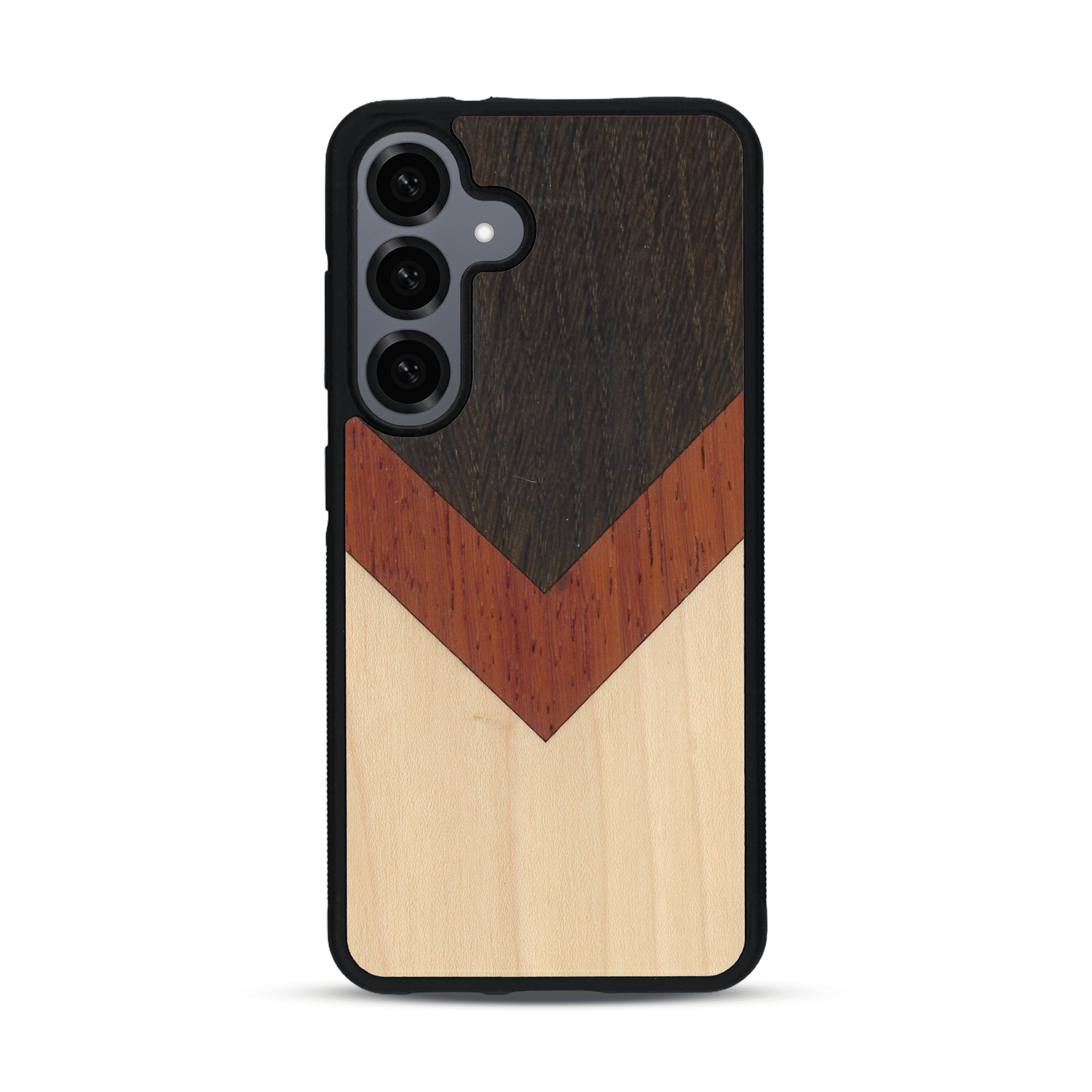 Coque de protection en bois véritable fabriquée en France pour  alliant du chêne fumé, du padouk et du bambou en forme de chevron sur le thème de l'art abstrait