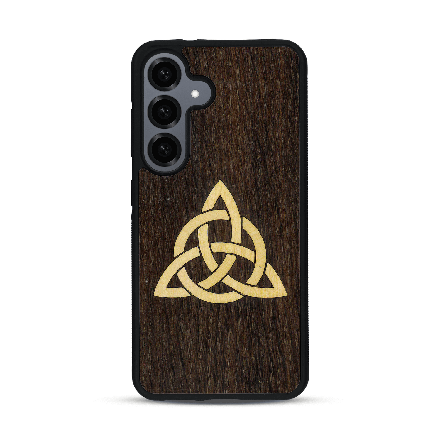Coque de protection en bois véritable fabriquée en France pour  alliant du chêne fumé et du bambou représentant une triquetra