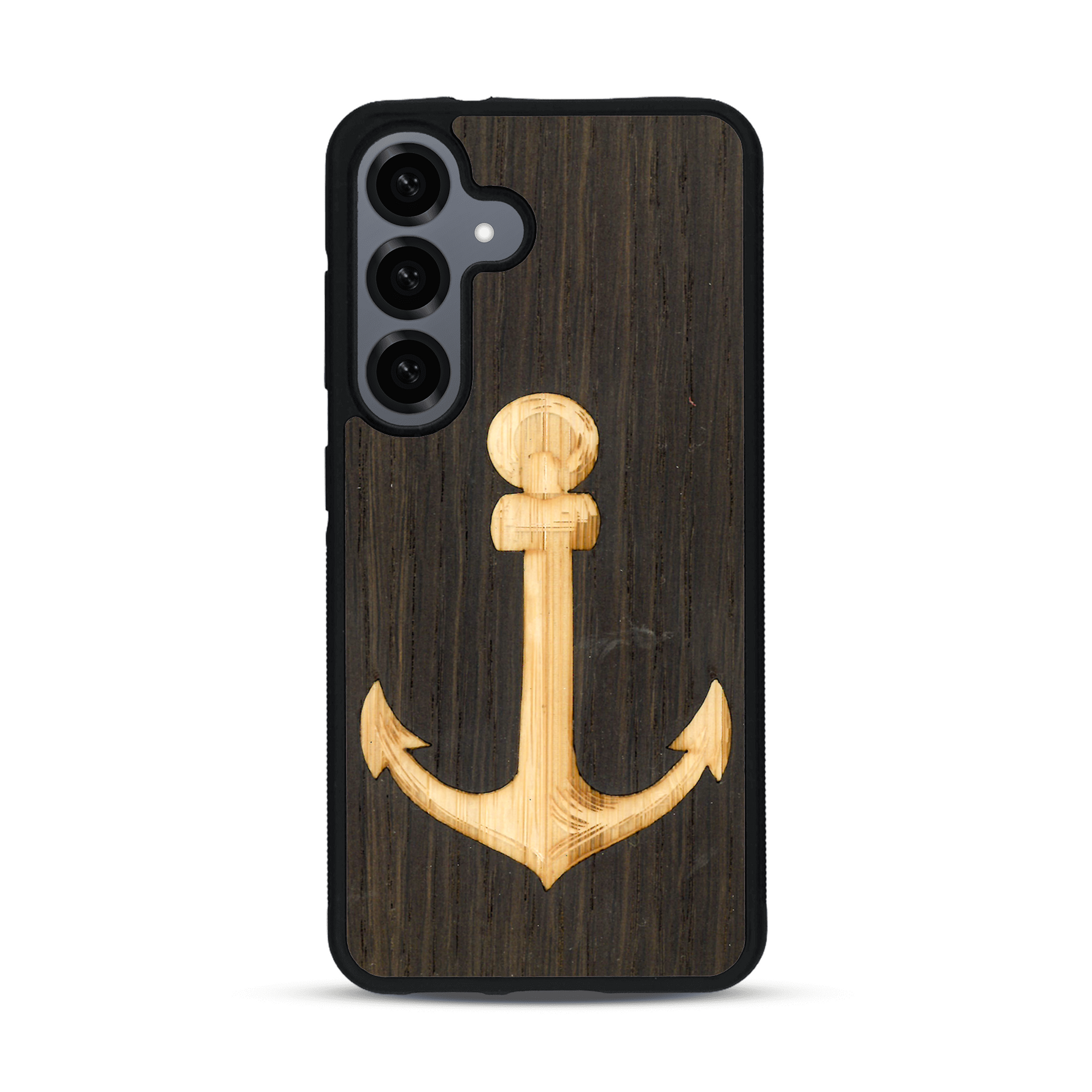 Coque de protection en bois véritable fabriquée en France pour  sur le thème nautique avec un bois clair et un bois foncé représentant une ancre de bateau