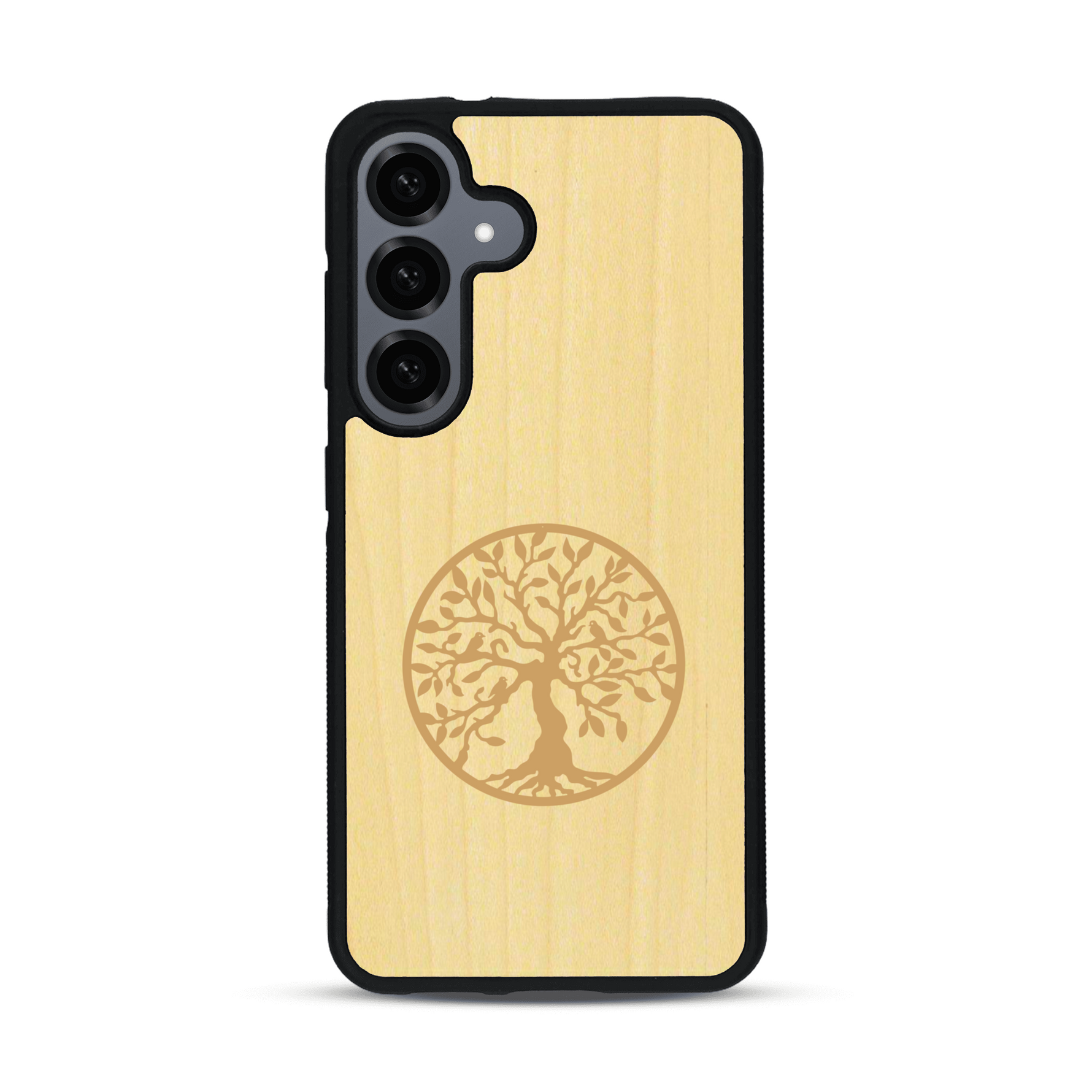 Coque de protection en bois véritable fabriquée en France pour  sur le thème de la spiritualité et du yoga avec une gravure zen représentant un arbre de vie